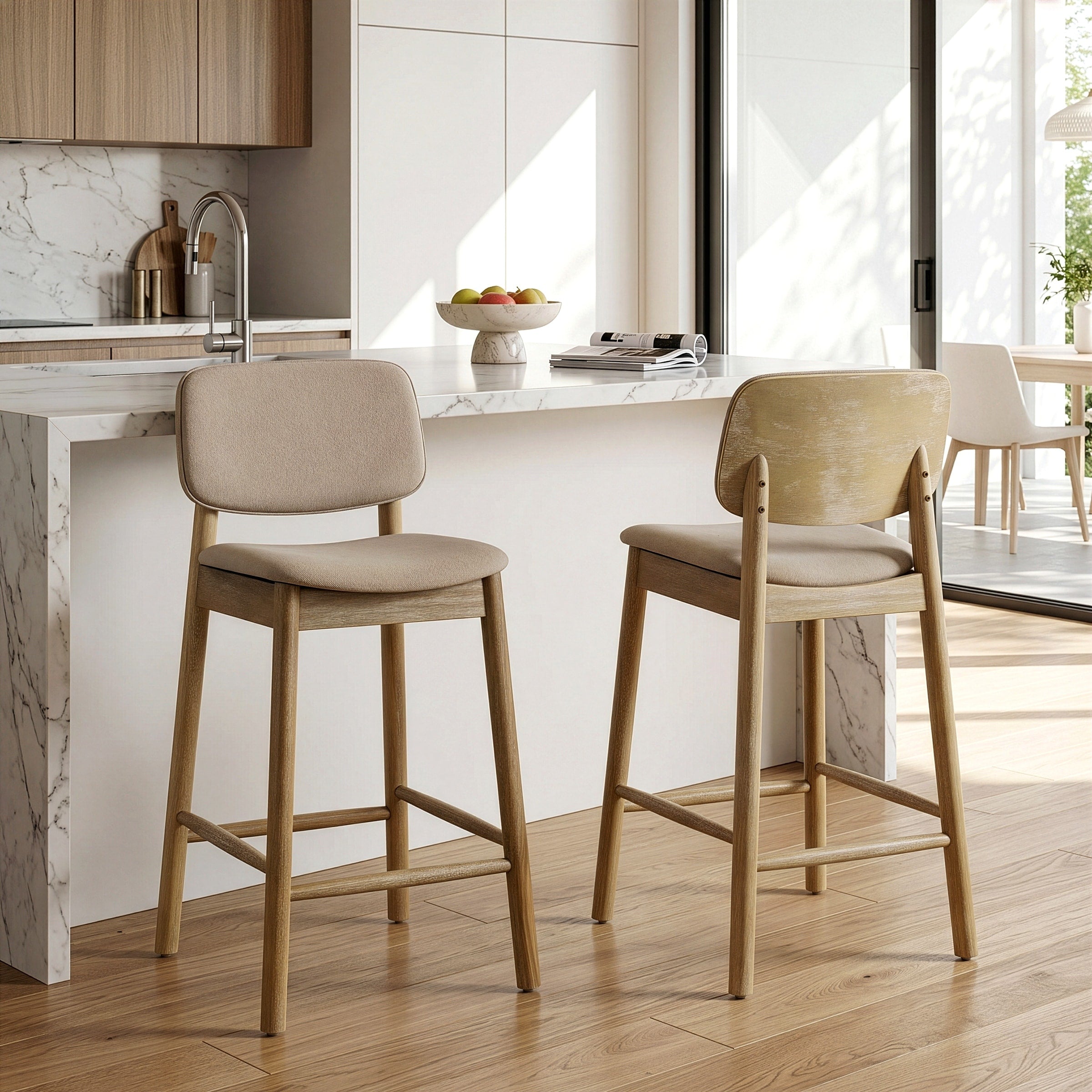 Set Of 2 Azura Beige Fabric Counter Stool With Washed Wood Legs