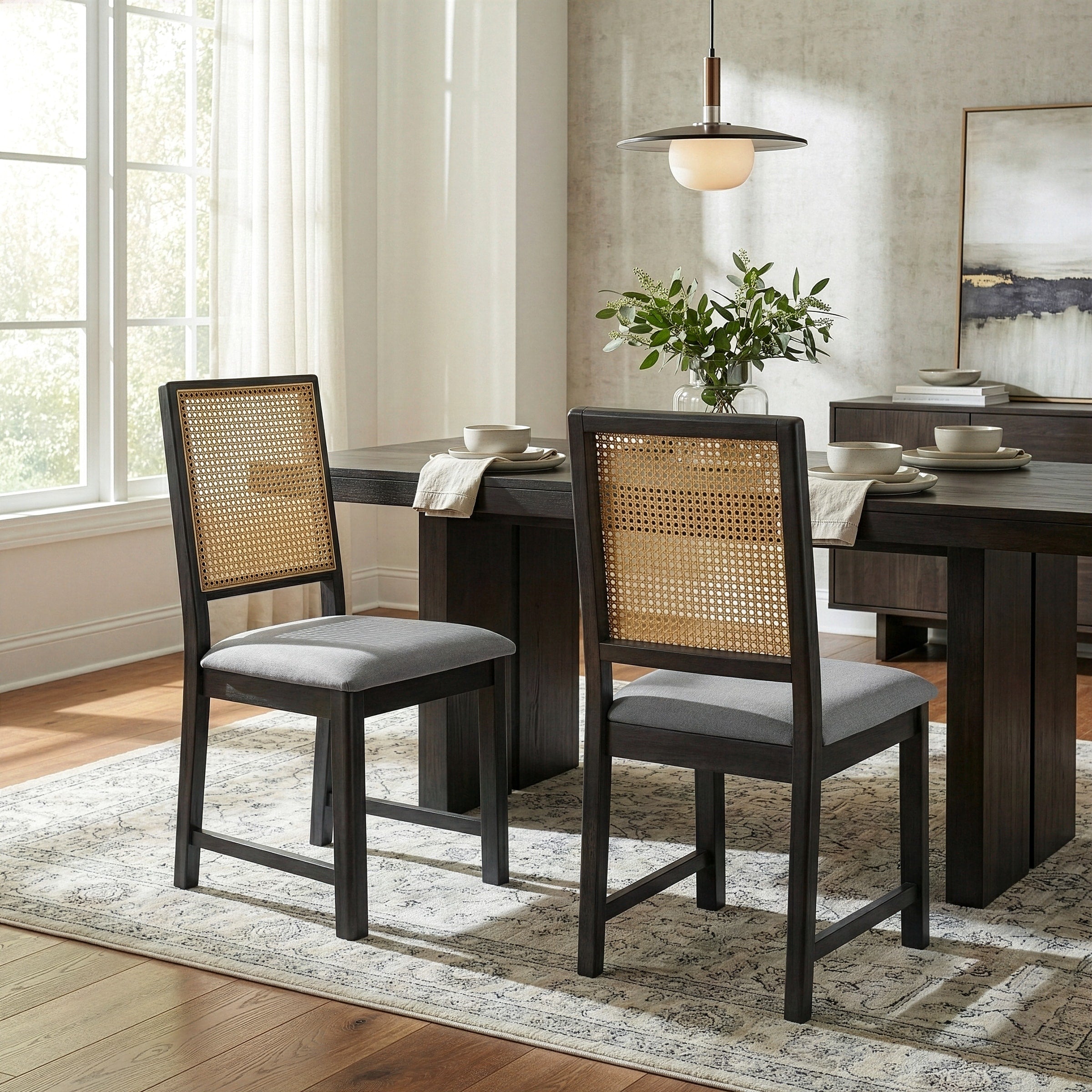 Set Of 2 Baines Gray Fabric Dining Chair With High Rattan Back And Black Wood Legs