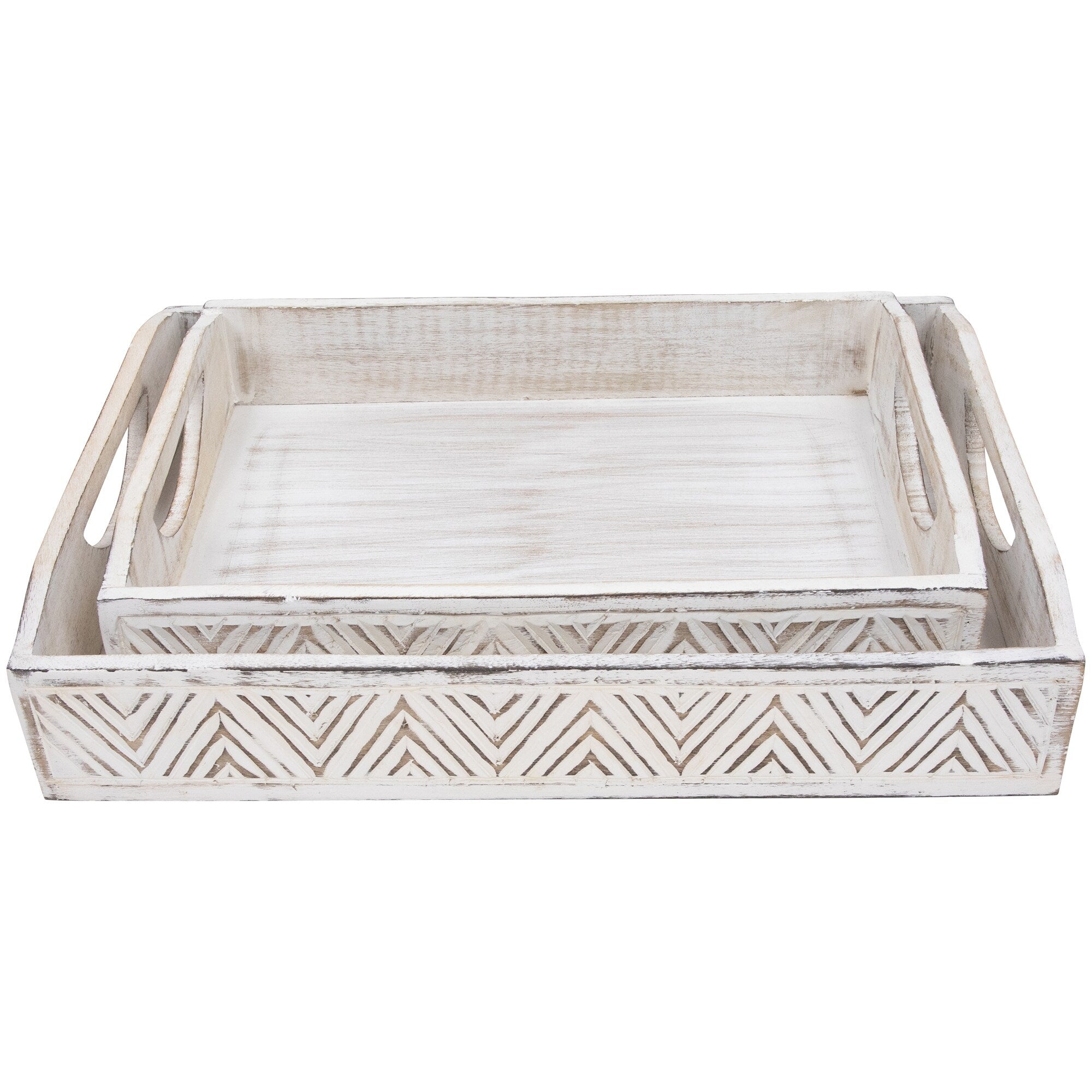 Set Of 2 Brushed White Chevron Pattern Display Trays 18
