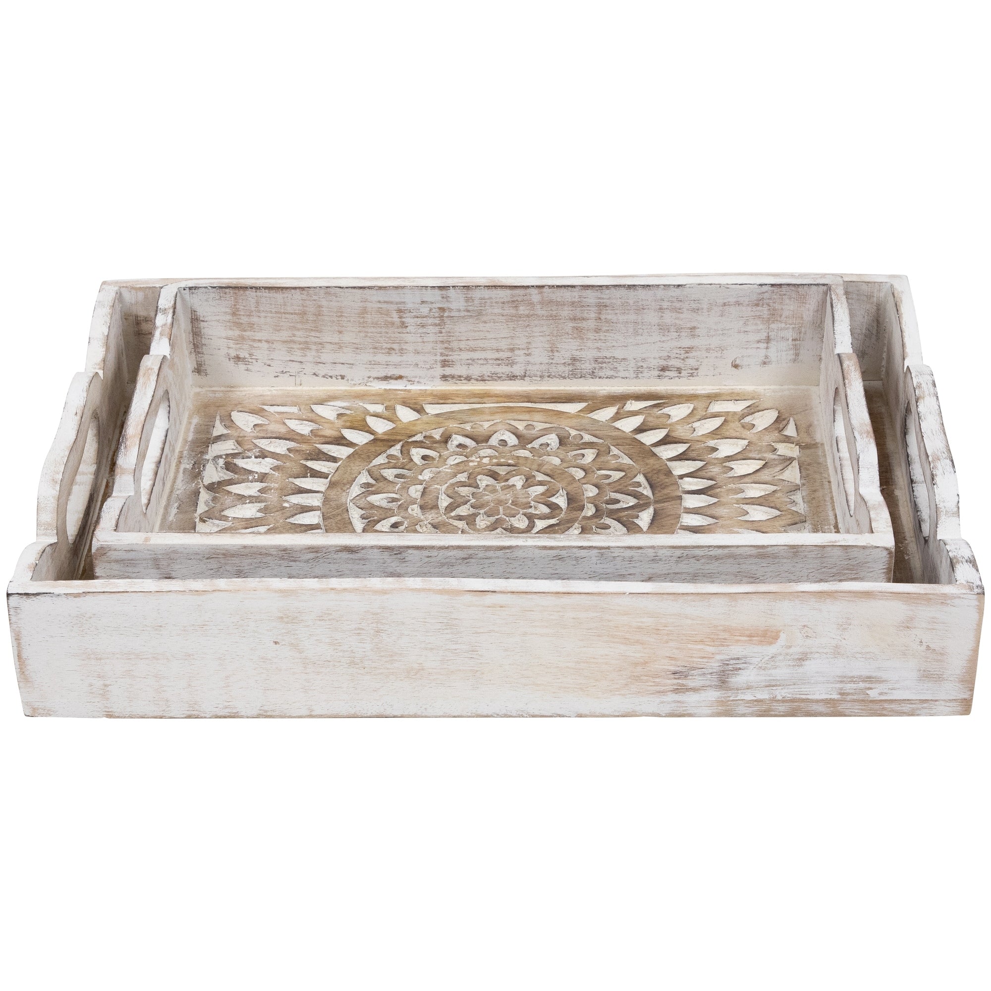 Set Of 2 Brushed White Mandala Display Trays With Handles 18
