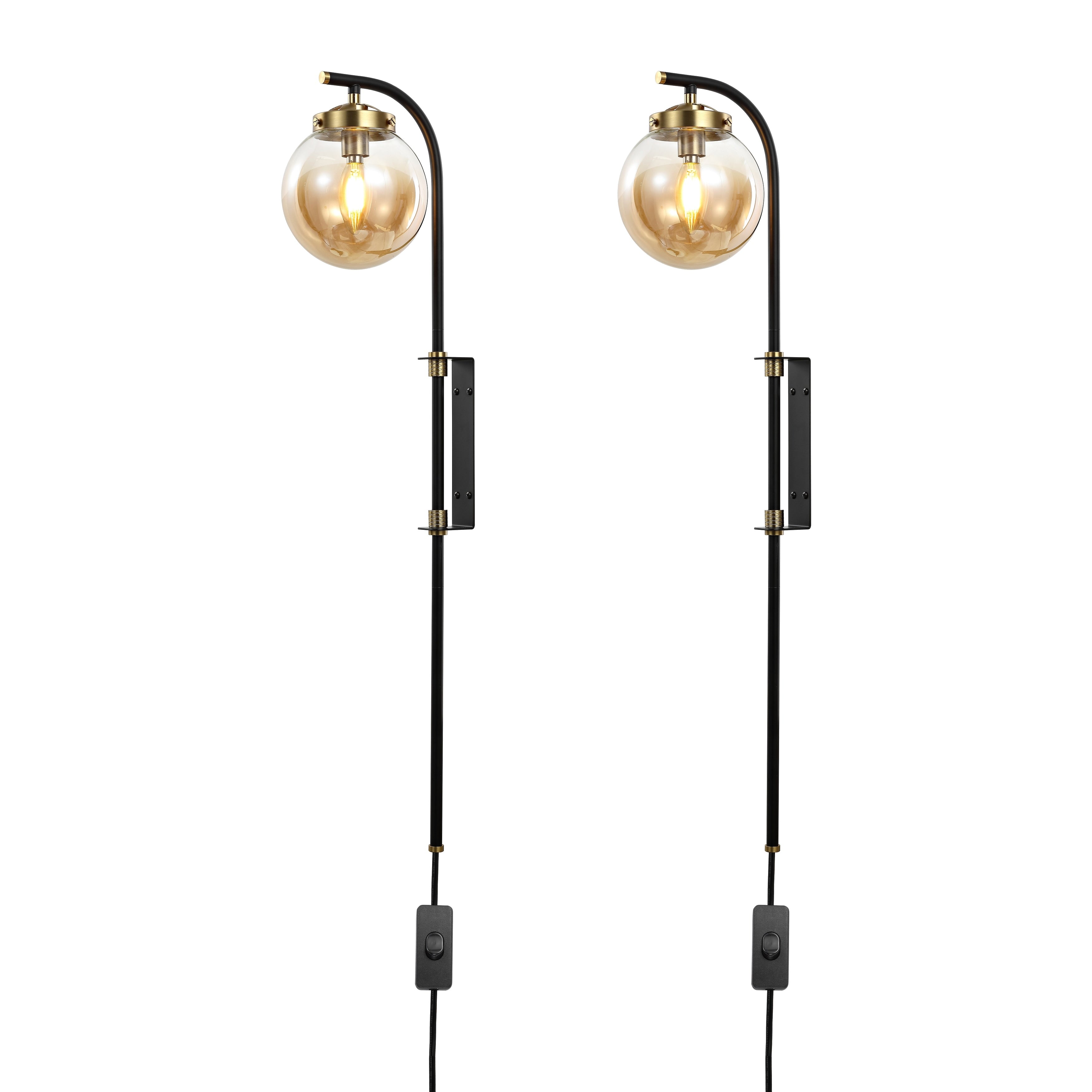 Set Of 2 Bulbs Required Light Black Plug In Swing Arm Wall Lamps With Globe Shade And 72 In Cord For Living Room 5.9