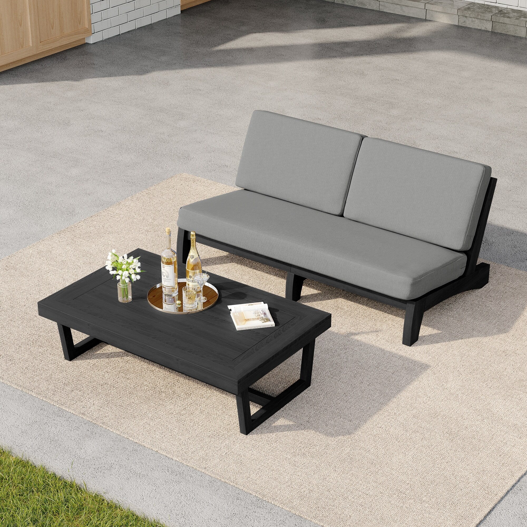Set Of 2 Casual Teak Loveseat Patio Furniture Set With Coffee Table