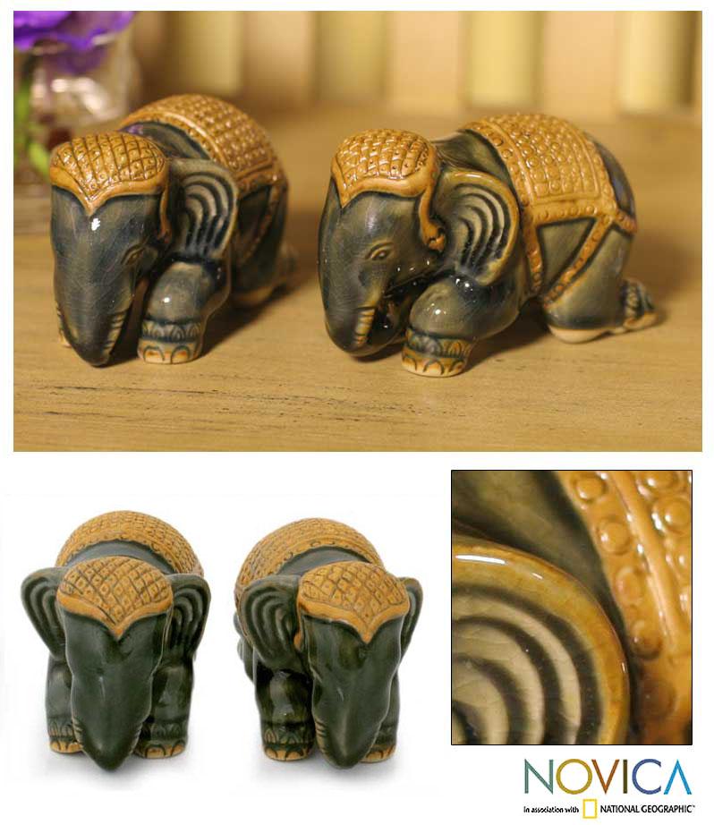 Set Of 2 Celadon Ceramic Emerald Elephant Sculptures Thailand