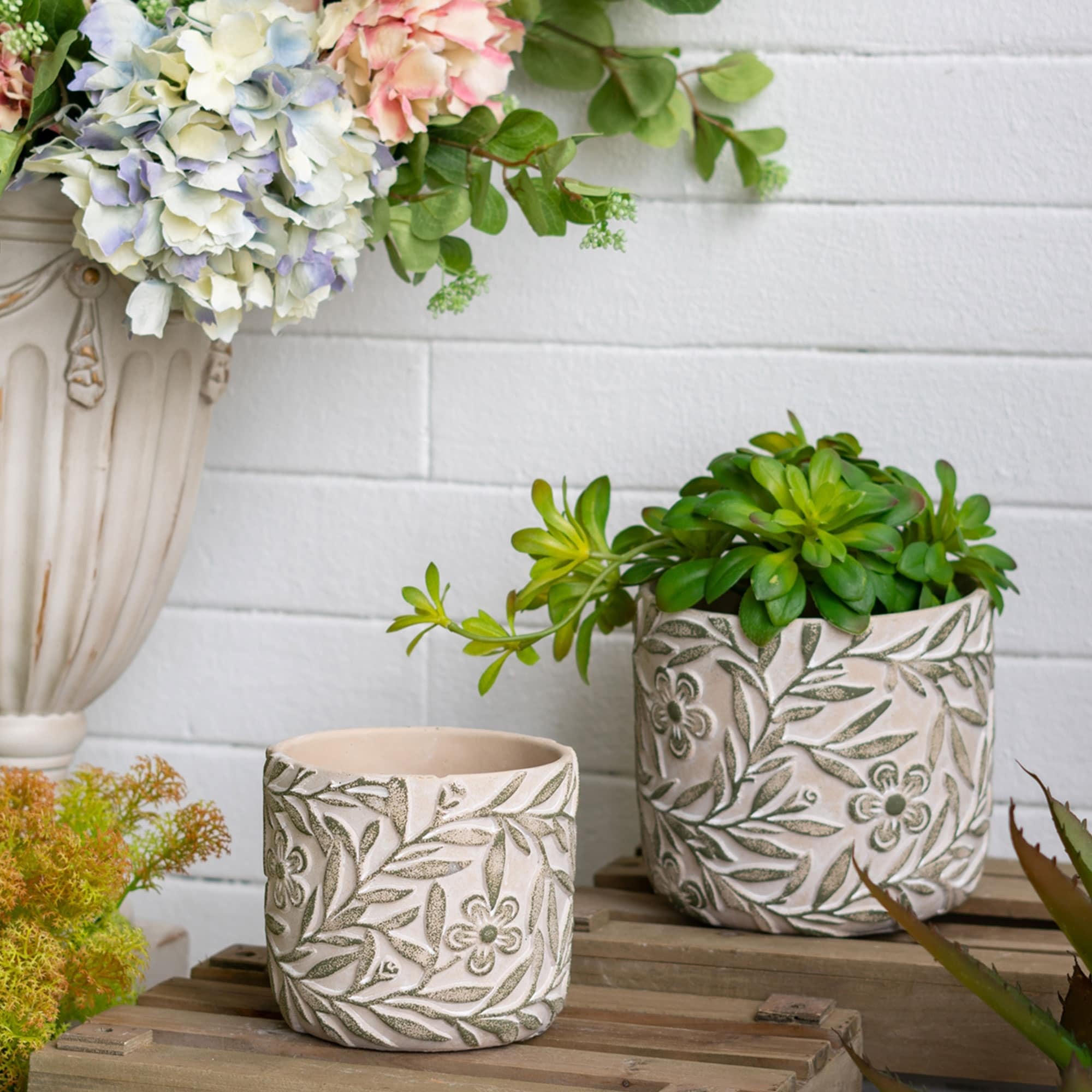 Set Of 2 Cement Pots With Etched Floral Motif Tabletop Planters Set Of 2