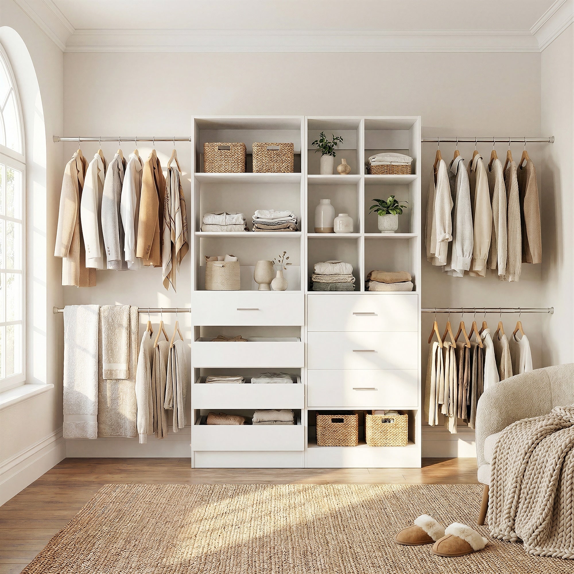 Set Of 2 Closet System With 7 Wooden Drawers 4 Hanging Rods Heavy Duty Walk In Closet Organizer System With Shelves