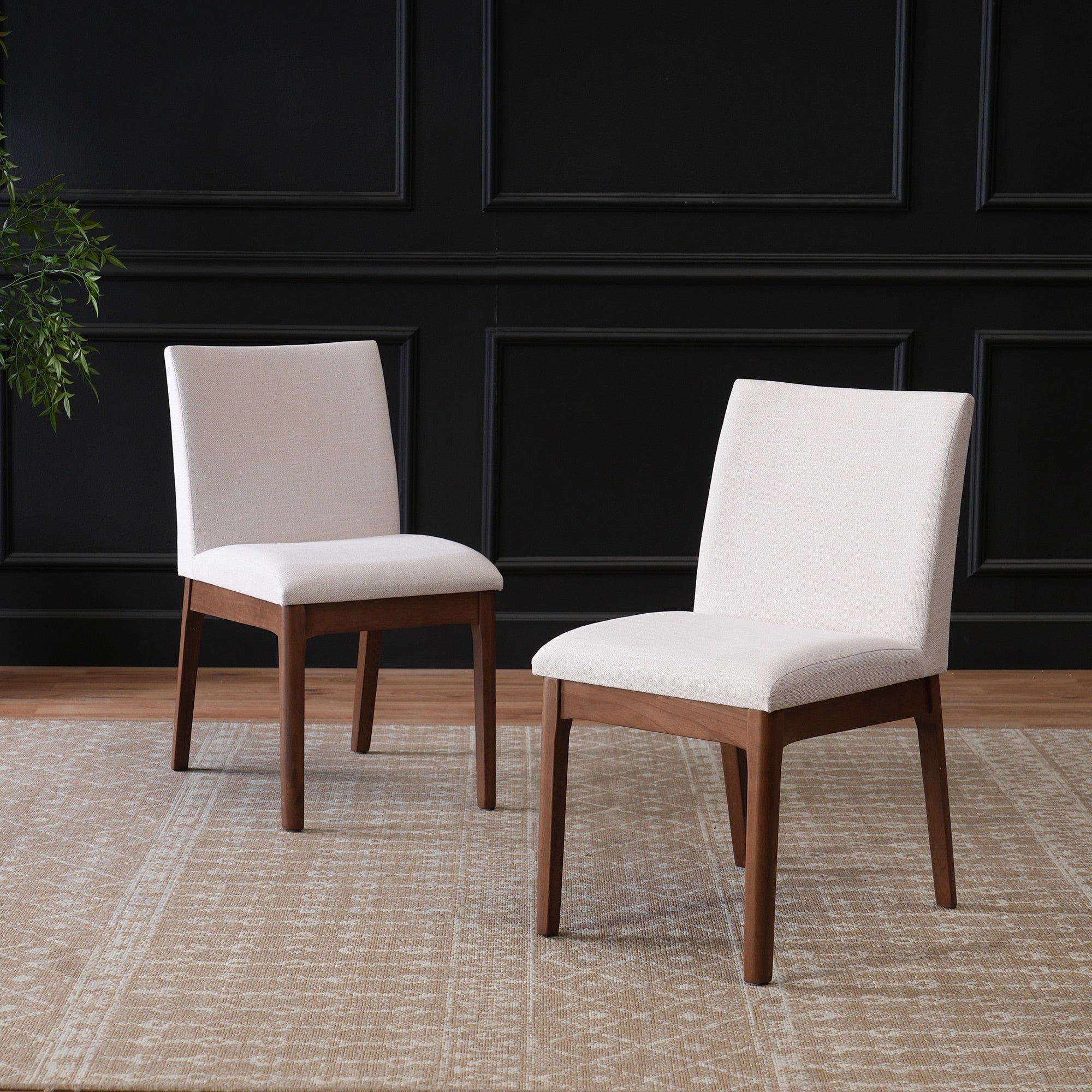 Set Of 2 Contemporary Dining Chairs Upholstered Seat And Backrest Rubberwood Legs Walnut Light Beige