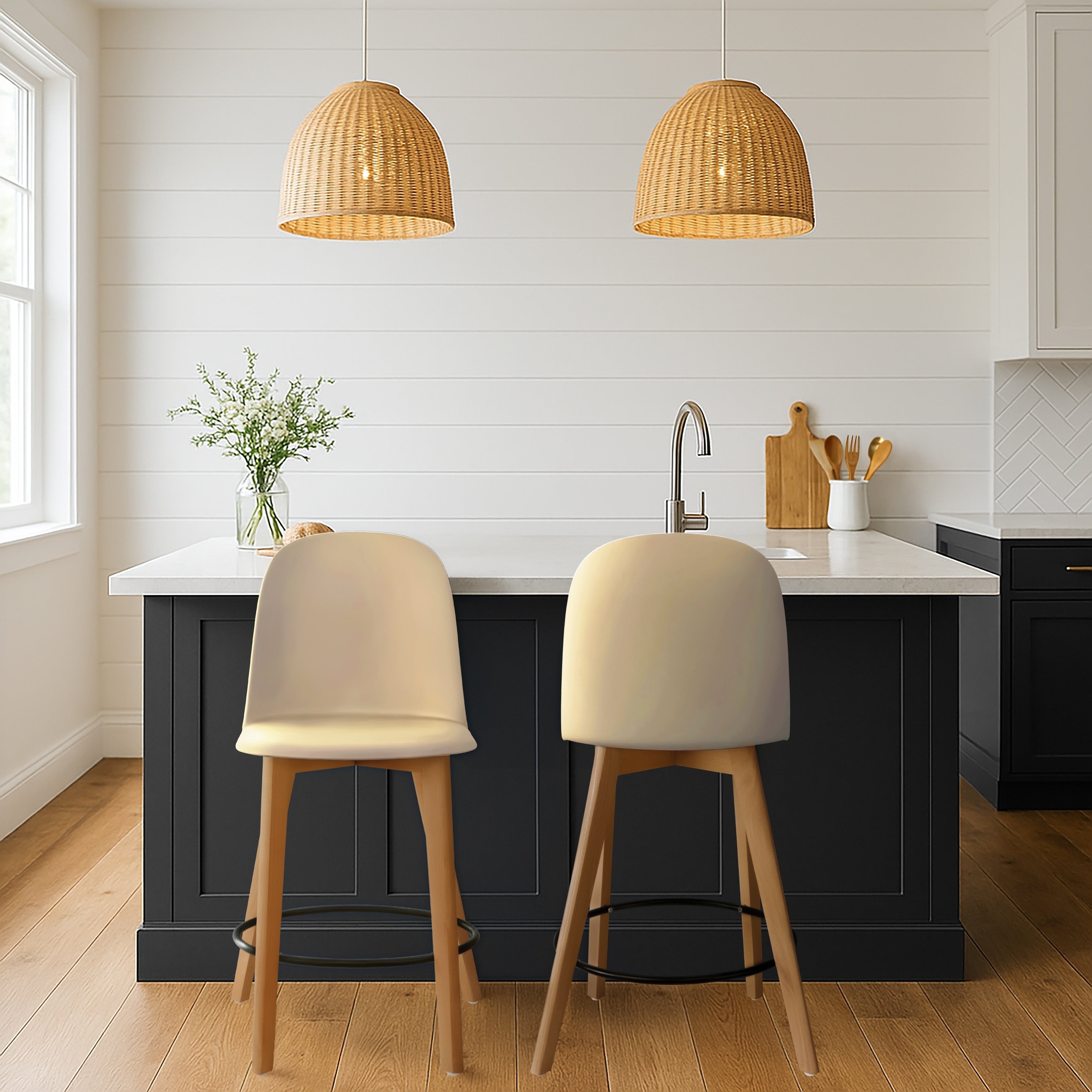 2Xhome Set Of 2 25 Plastic Eiffel Chairs Bar Stool Counter Stools With Back Wood Side Molded Shell For Kitchen Office Dining