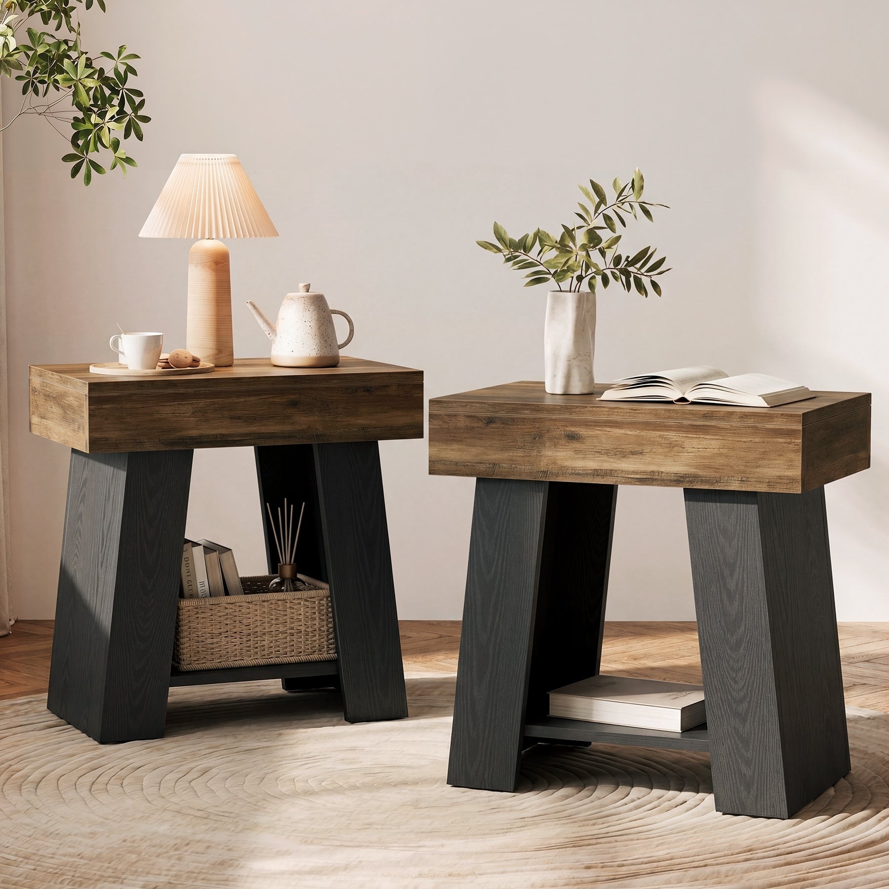 Set Of 2 End Table 2 Tier Two Tone Couch Side Table With Shelf Bedside Nightstand For Living Room Bedroom