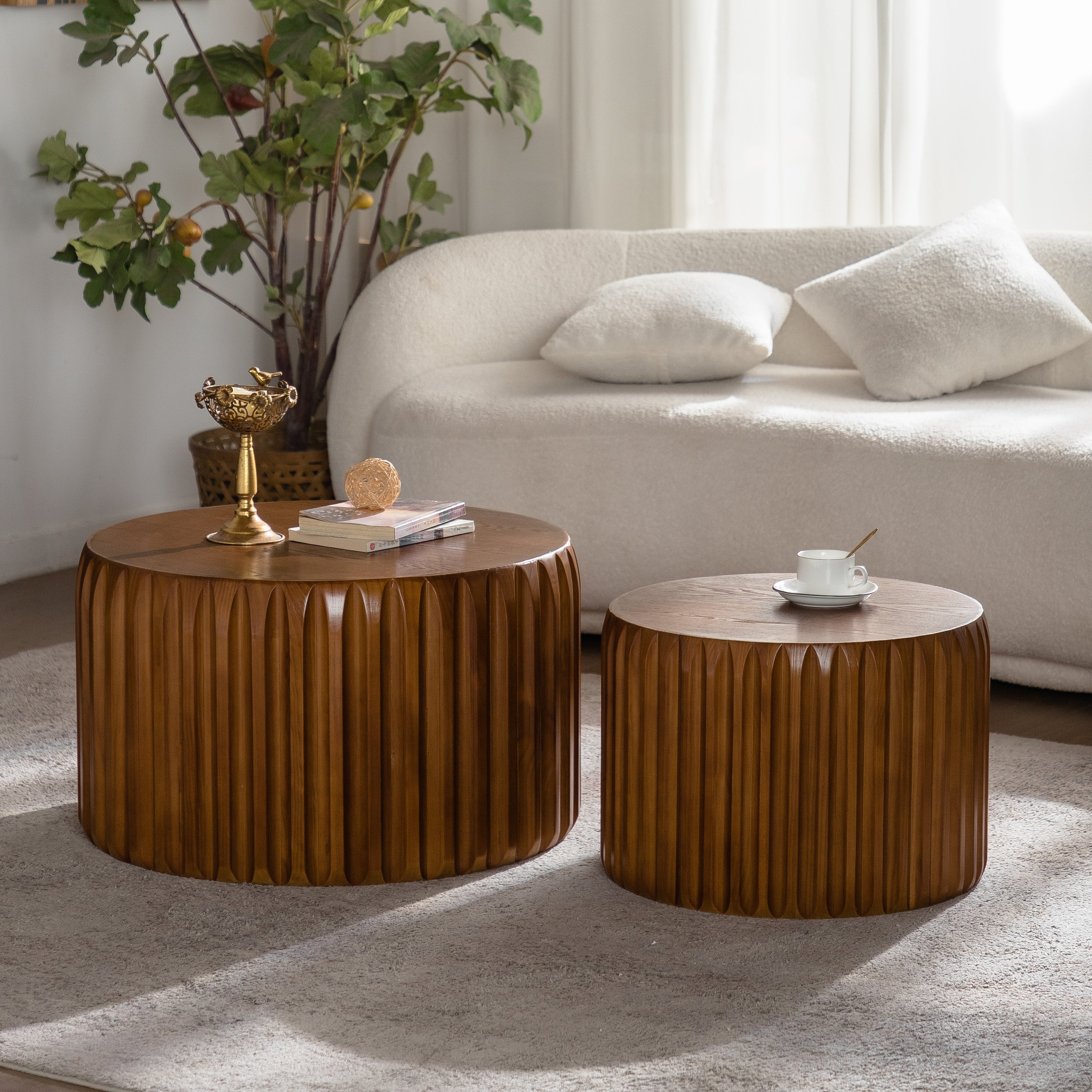 Set Of 2 Fluted Round Coffee Table Solid Wood Mdf Nesting Center Table 26.77 19.69