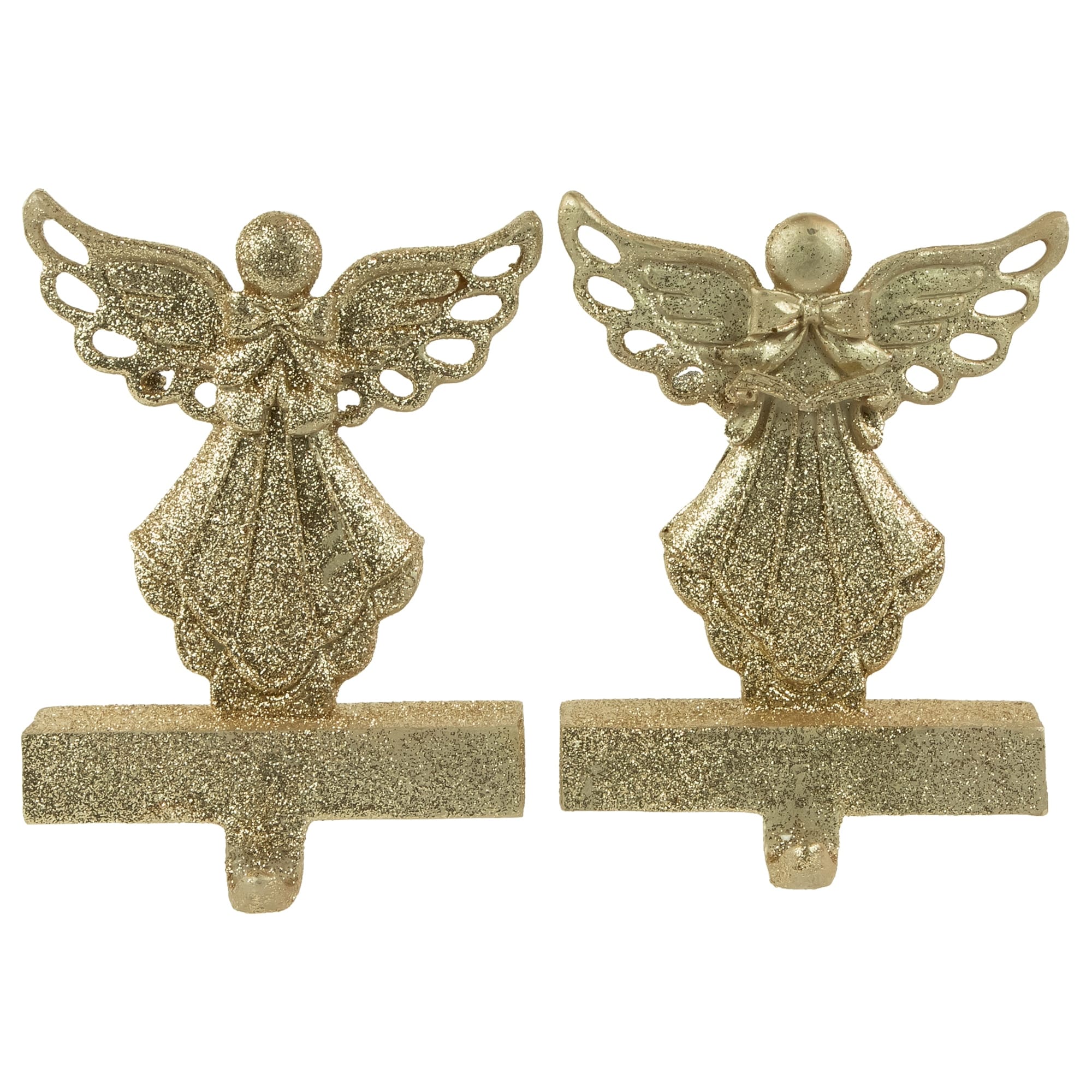 Set Of 2 Gold Angel Glittered Christmas Stocking Holders 6.5