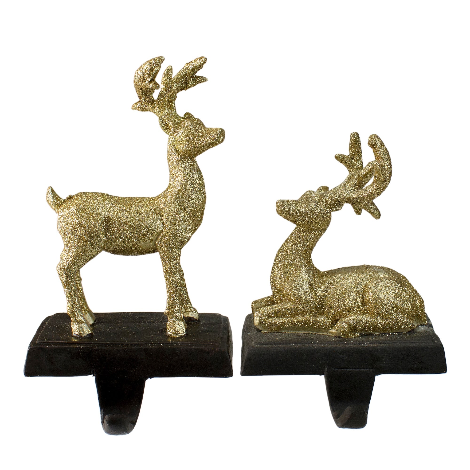 Set Of 2 Gold Reindeer Glittered Christmas Stocking Holders 8.5