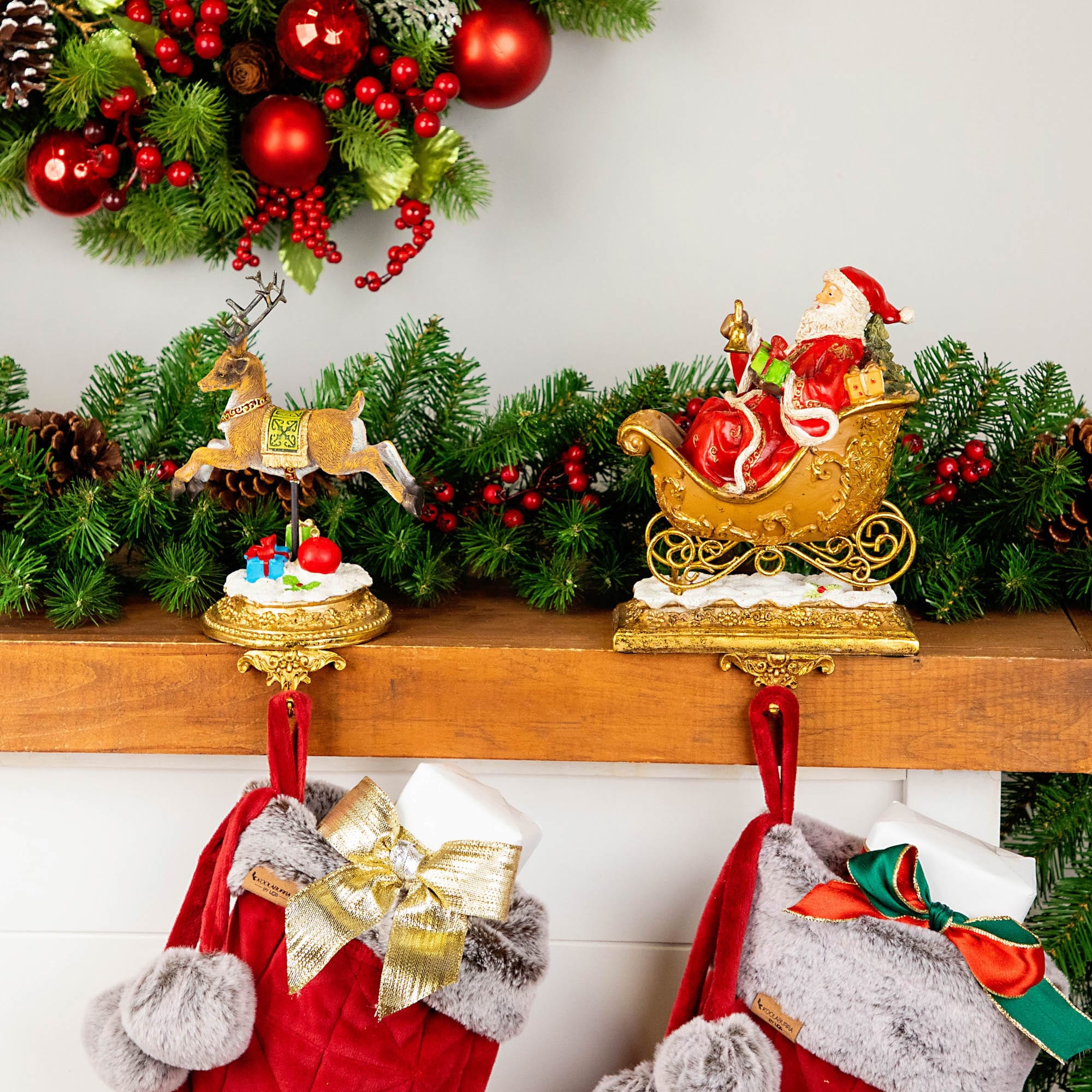Set Of 2 Santa And Reindeer Glittered Christmas Stocking Holders 9.5