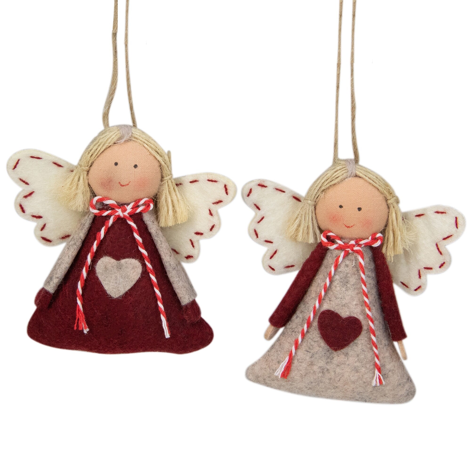 Set Of 2 Gray And Red Girl Angel Christmas Ornaments 3.5