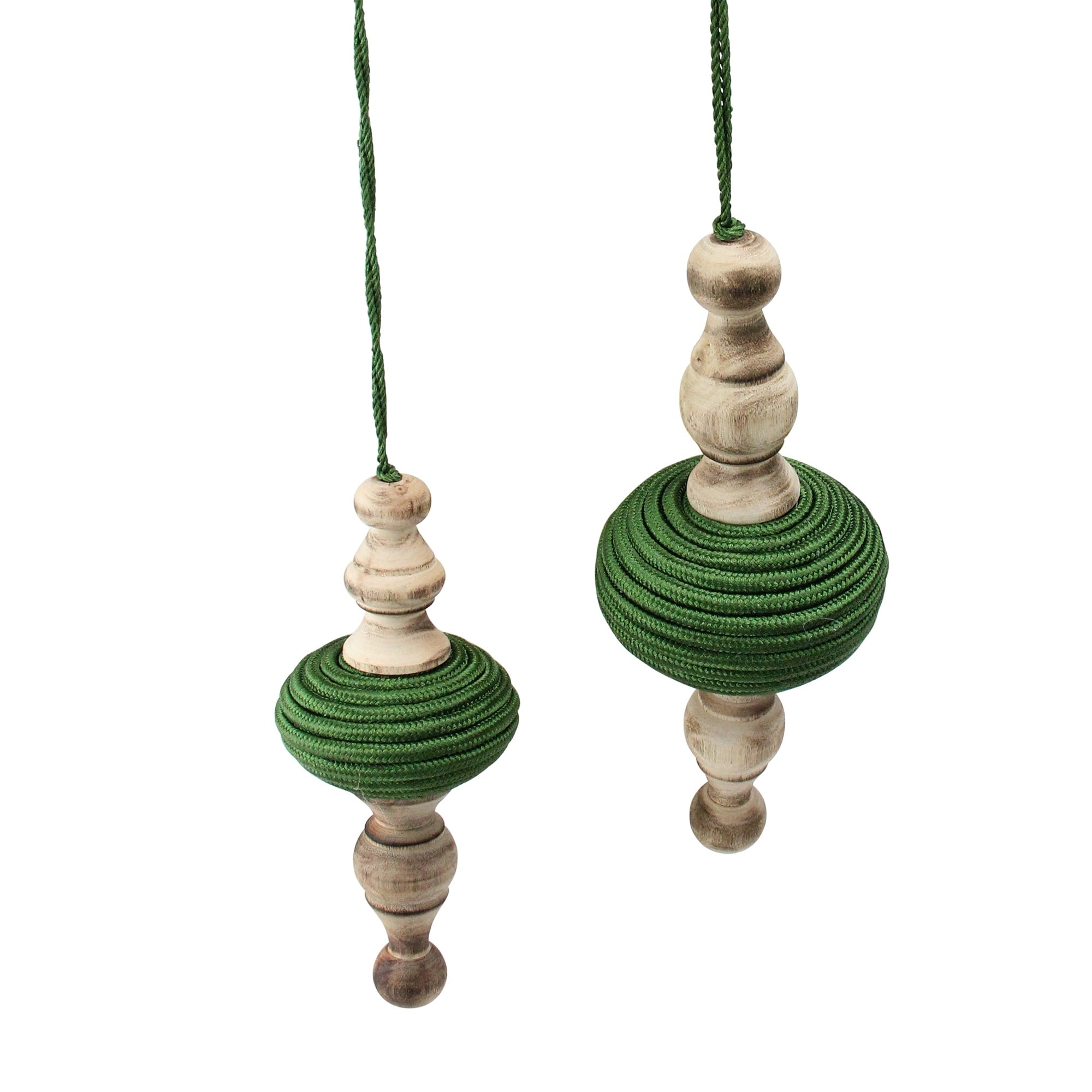 Set Of 2 Green And Beige Wooden Finial Drop Christmas Ornaments 9