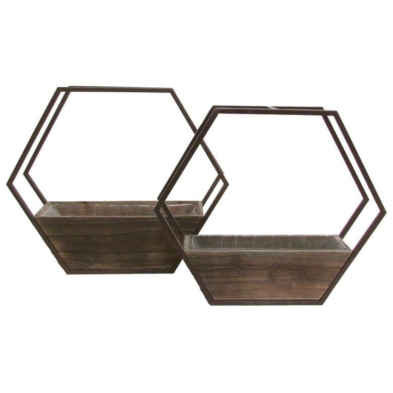 Set Of 2 Hexagon Wood And Metal Framing Wall Hanging Planters W Hard Liners