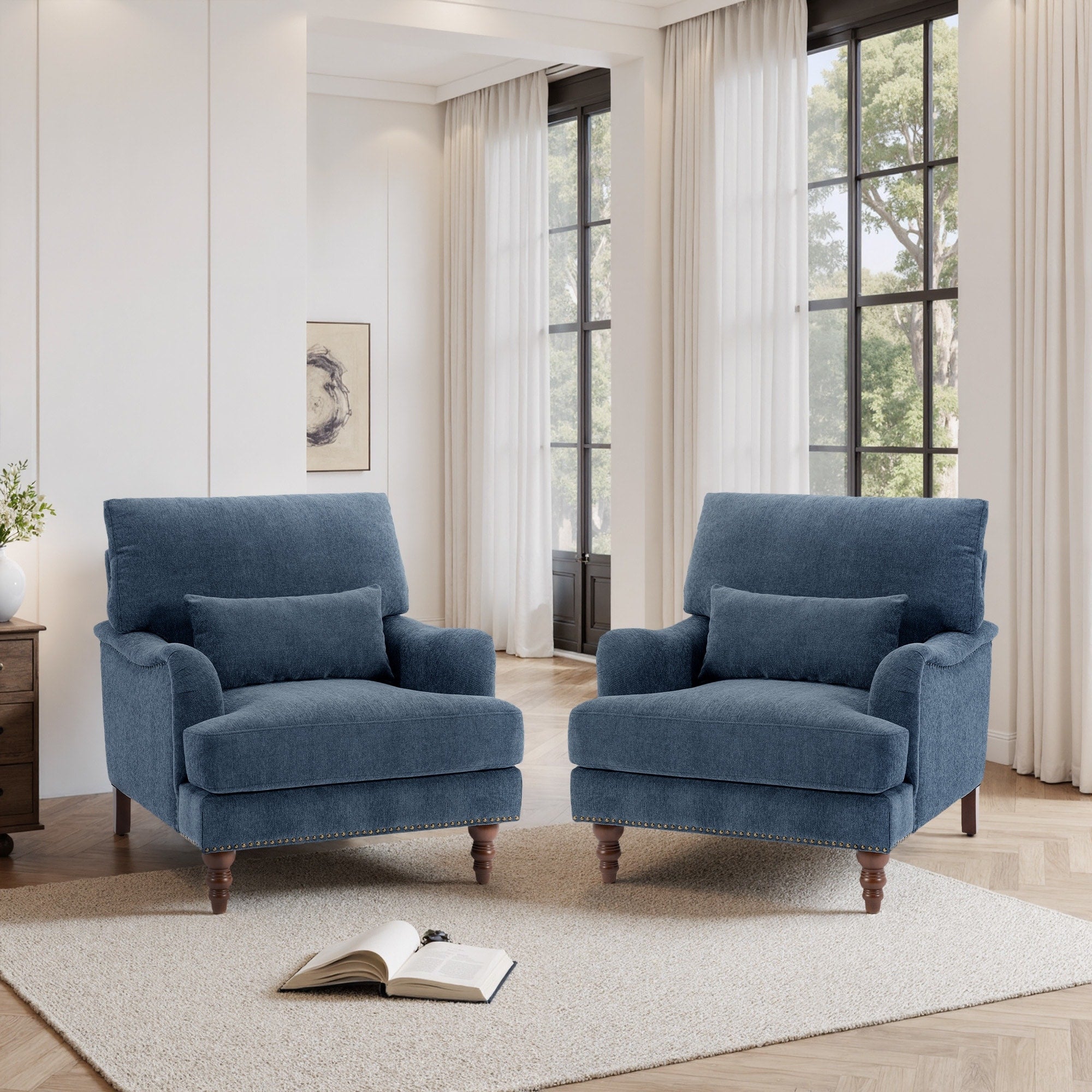 Set Of 2 Mid Century Chenille Upholstered Accent Chairs