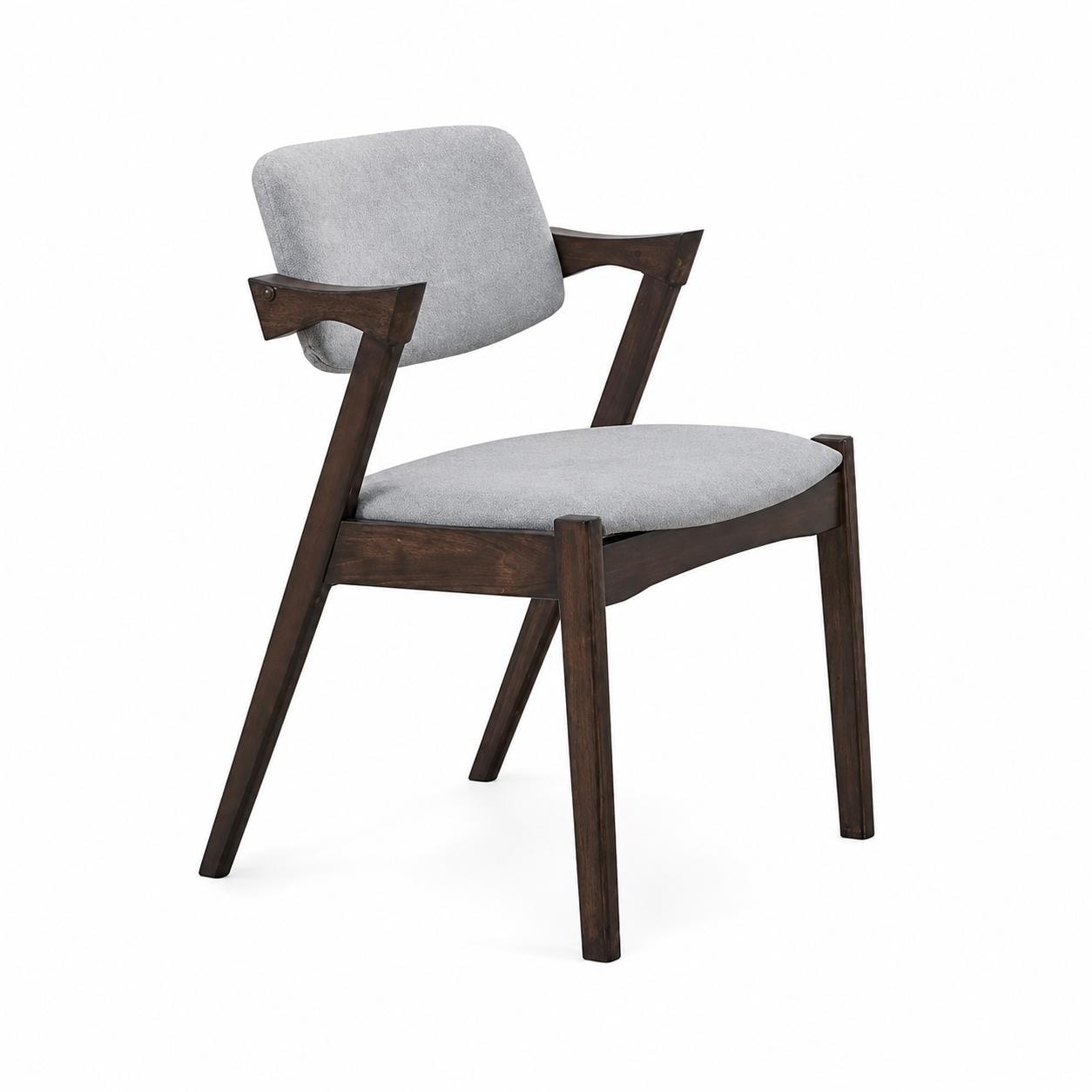 Set Of 2 Mid Century Dining Arm Chairs Upholstered Gray Fabric Solid Rubber Wood Frame Open Back Modern Kitchen Chairs