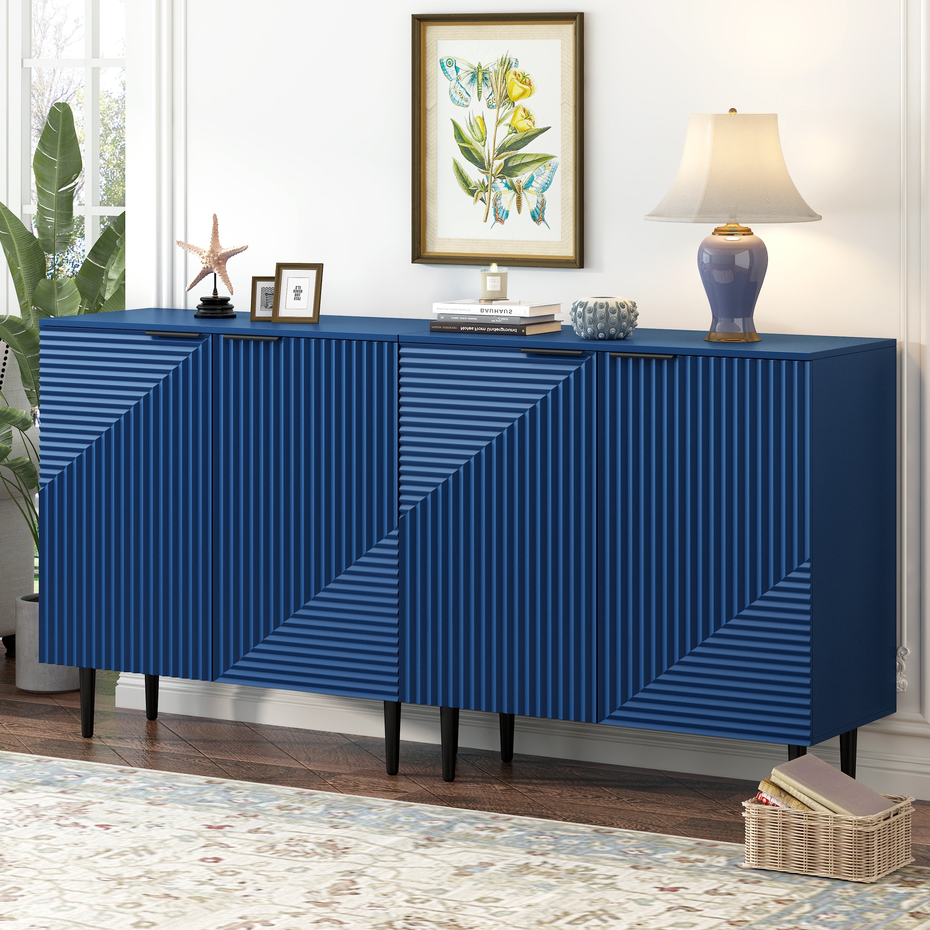 Set Of 2 Minimalist Side Cabinets Accent Cabinet With Metal Legs Navy Blue Storage Cabinet Console Cabinet
