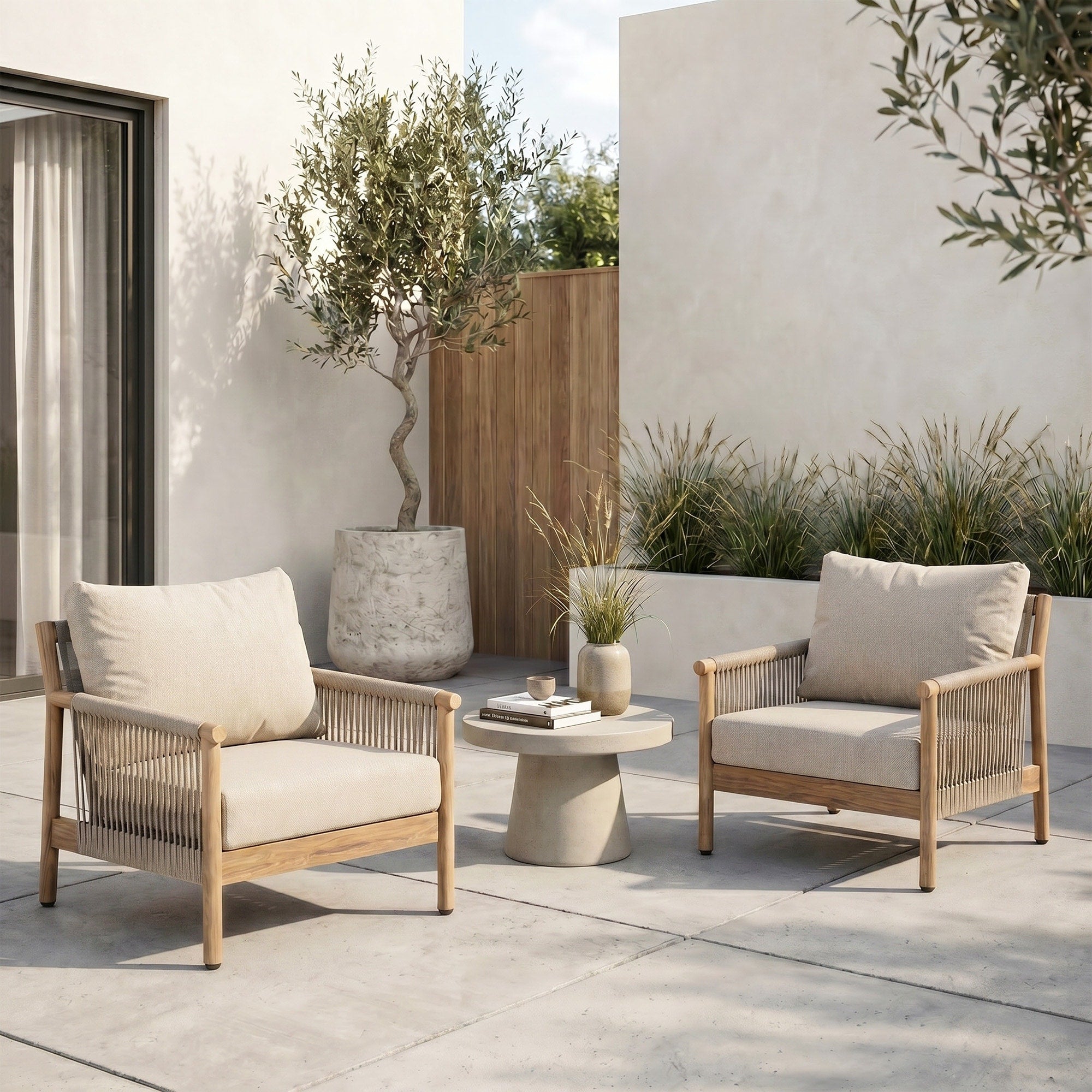 Set Of 2 Modern Outdoor Patio Armchairs Wood Look Aluminum Frame Patio Chairs With Woven Strap Arms