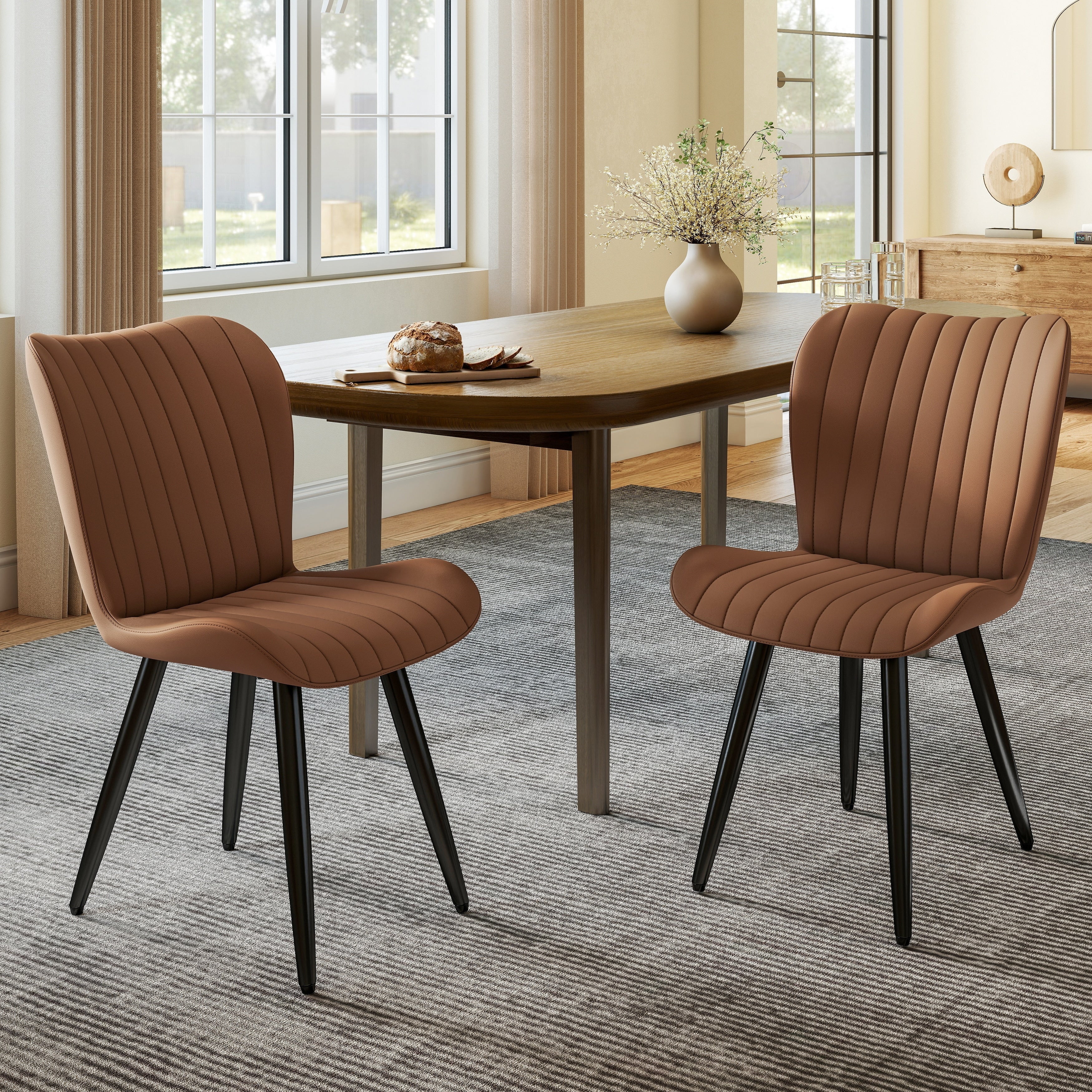 Set Of 2 Modern Pu Leather Dining Chairs With Thick Cushions Metal Legs Armless Faux Leather Side Chairs For Dining Room