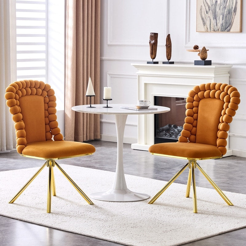 Set Of 2 Modern Velvet Dining Chairs With Bubble Bead Back Gold Legs