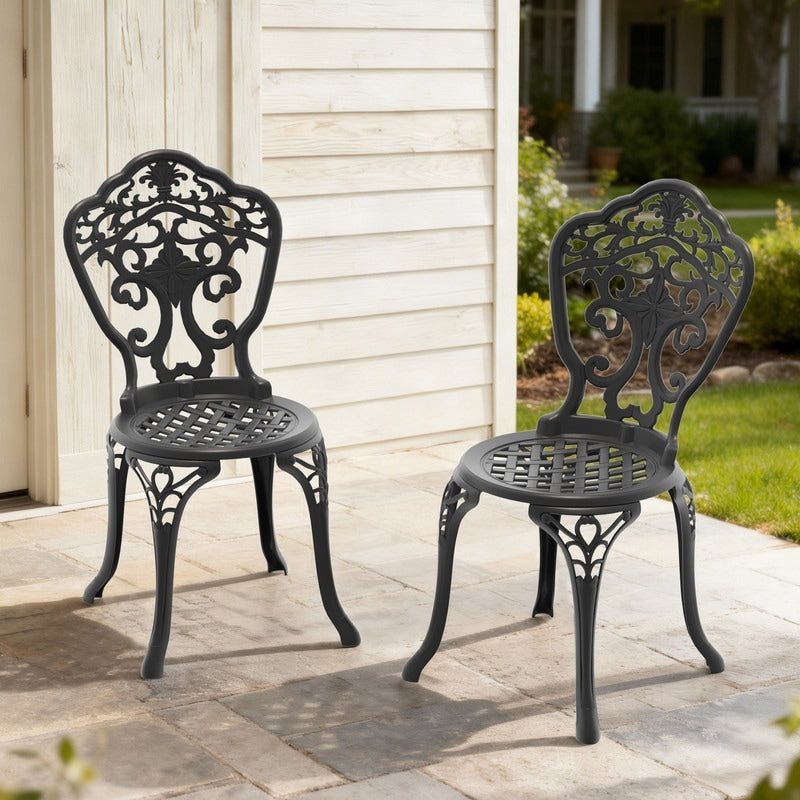 Set Of 2 Non Stackable Black Cast Aluminum Outdoor Dining Chairs