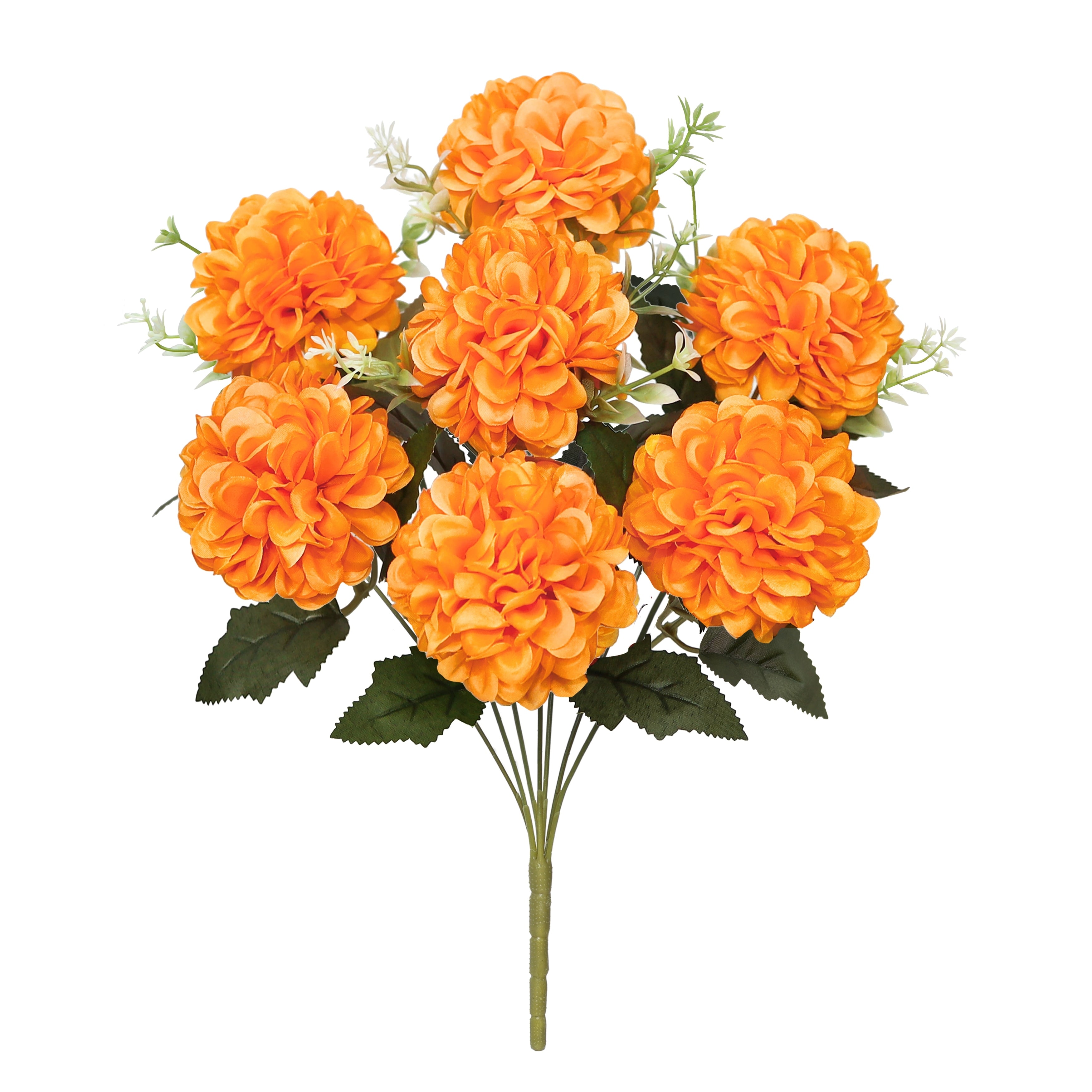 Set Of 2 Orange Artificial Ball Mum Pom Pom Flower Stem Bush Bouquet 16In 16 L X 9 W X 9 Dp
