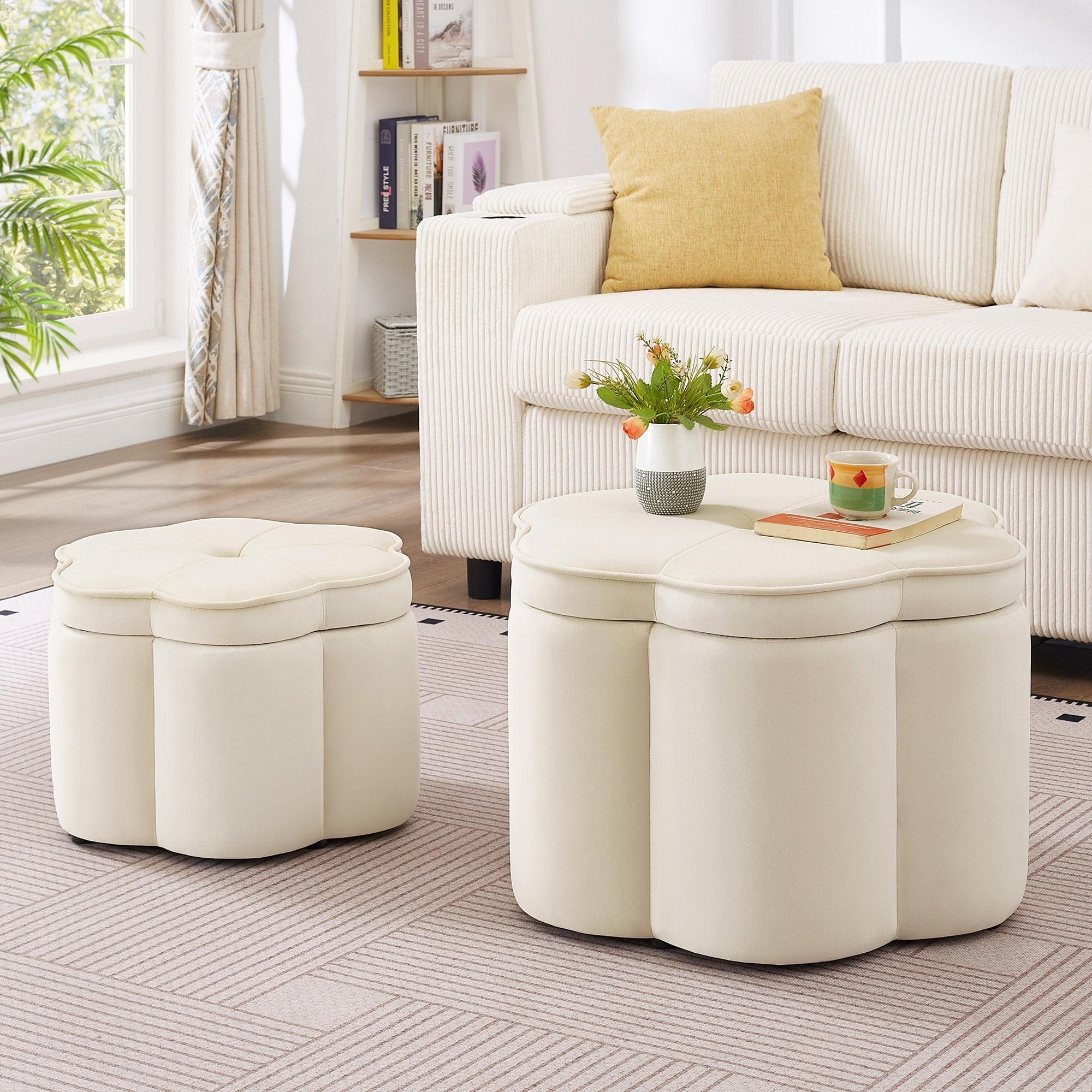 Set Of 2 Ottoman With Storage Flower Shape Petal Ottoman Upholstered Velvet Storage Ottoman Bench For For Living Room
