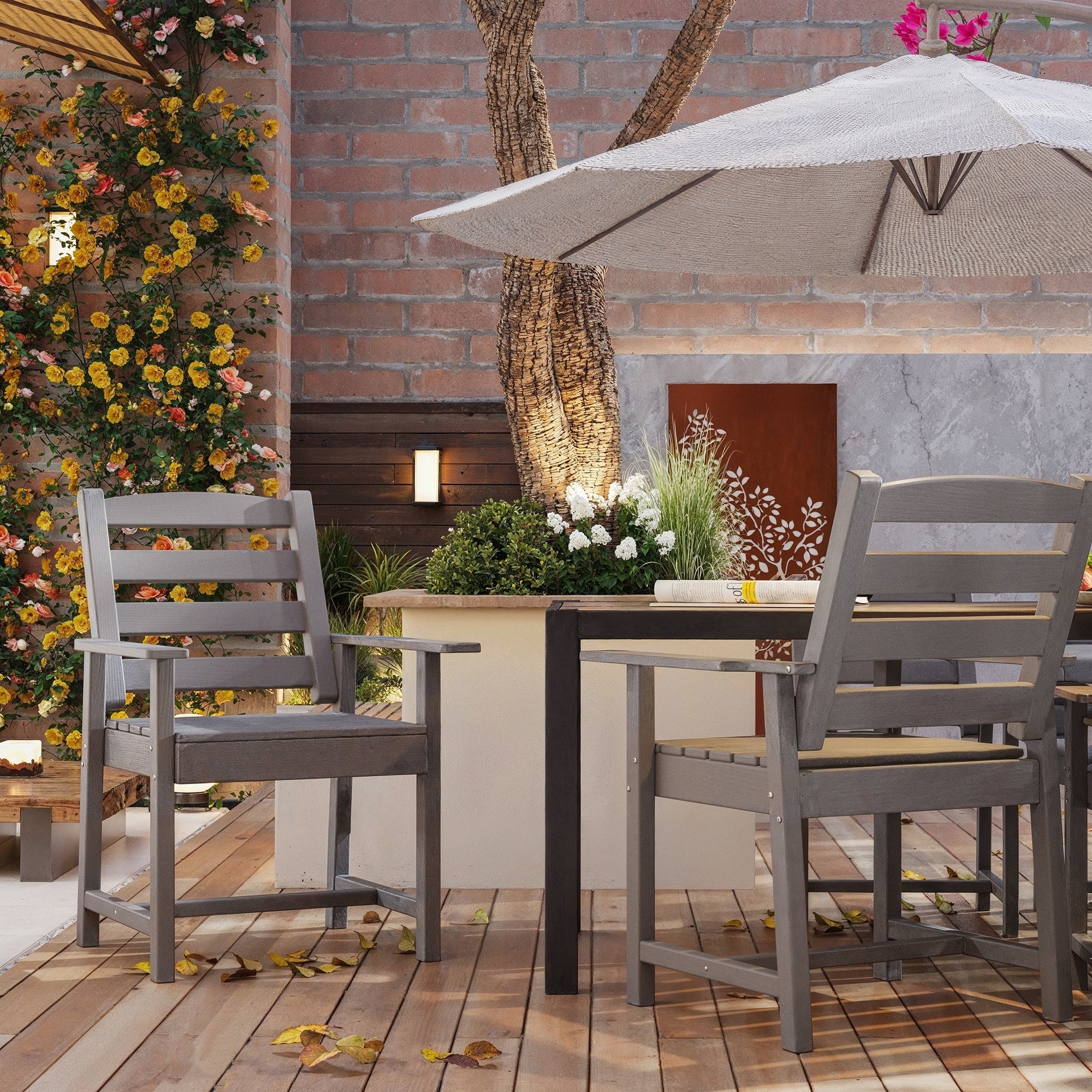 Set Of 2 Outdoor Dining Chairs With Armrests Hdpe All Weather Patio Chairs Waterproof Uv Resistant Wood Grain Armchai