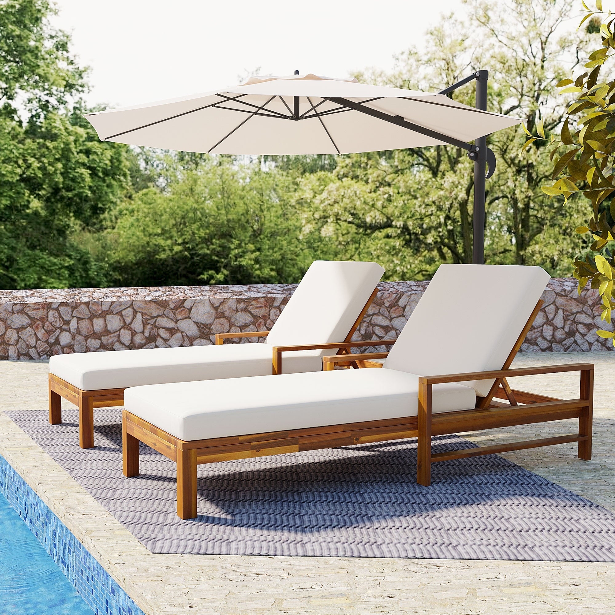 Set Of 2 Outdoor Patio Chaise Lounge Chairs Acacia Wood Adjustable Backrest Recliners For Garden Terrace Poolside