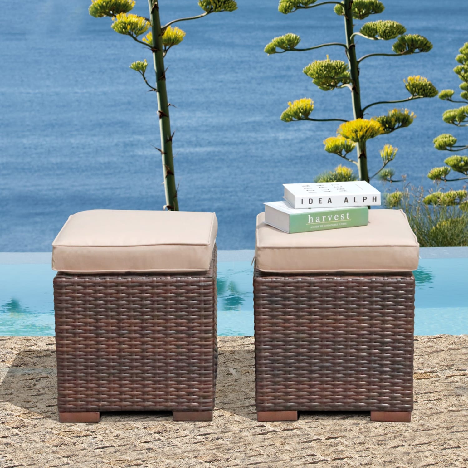 Set Of 2 Outdoor Patio Rattan Ottomans Cushioned Wicker Stools.