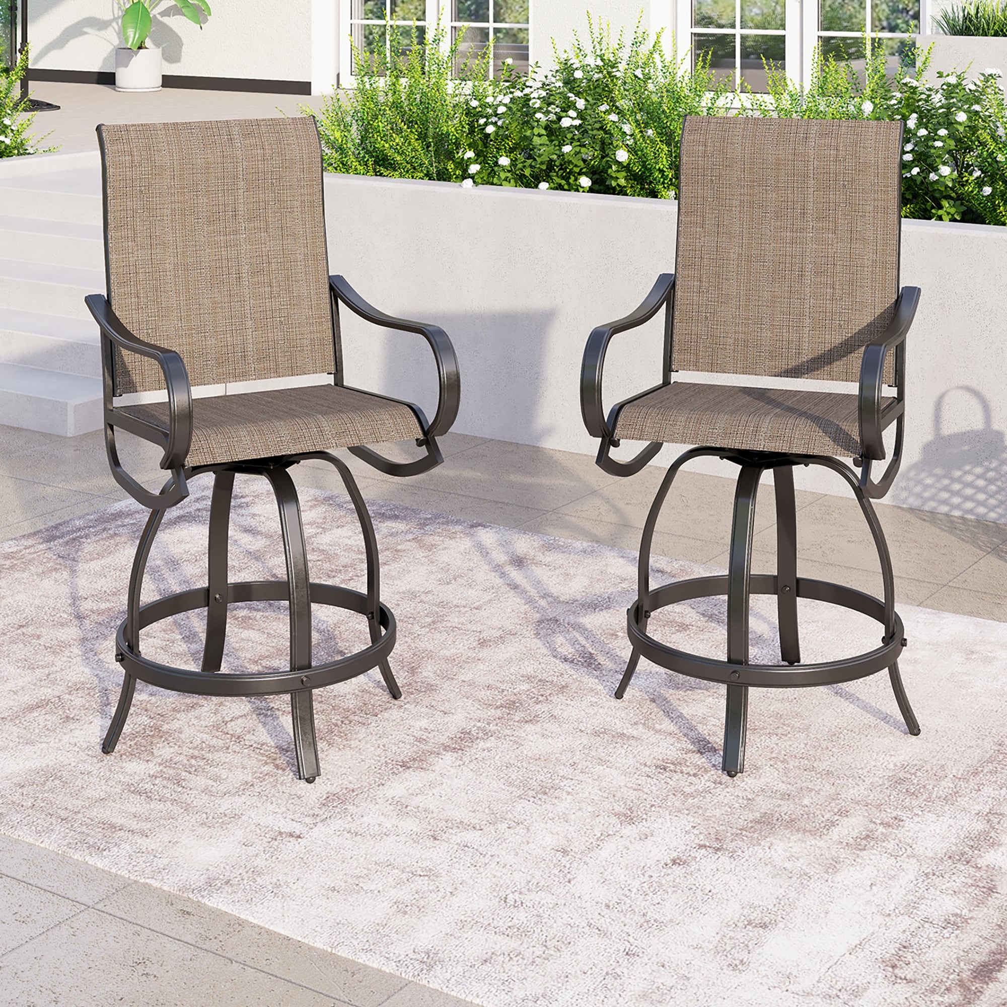 Phi Villa Extra Wide Outdoor Patio Pub Height Swivel Bar Stools Cast Aluminum Arms Chairs Set Of 2 With Seat Cushion
