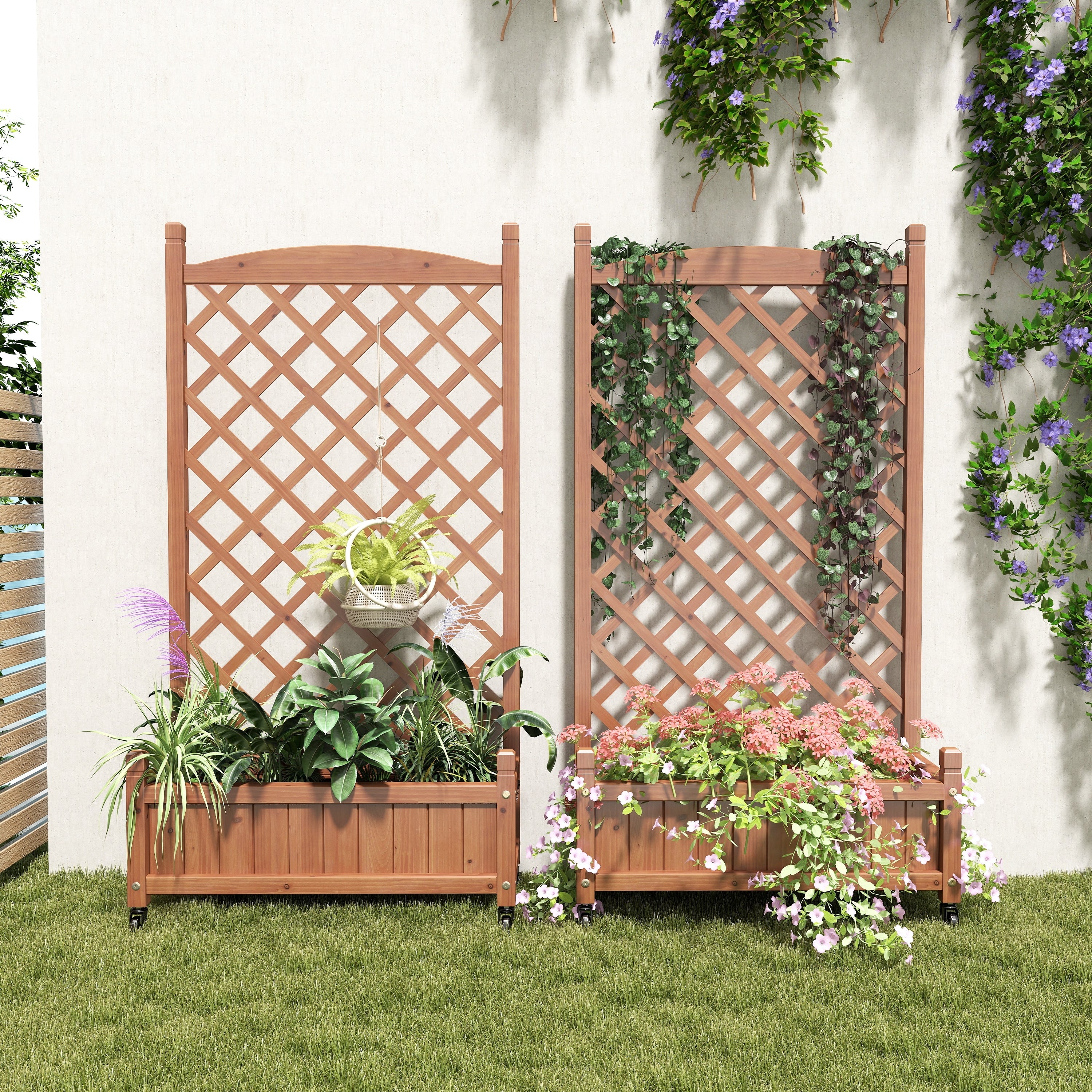 Set Of 2 Portable Wood Planter Garden Bed With Wheels Drainage Trellis