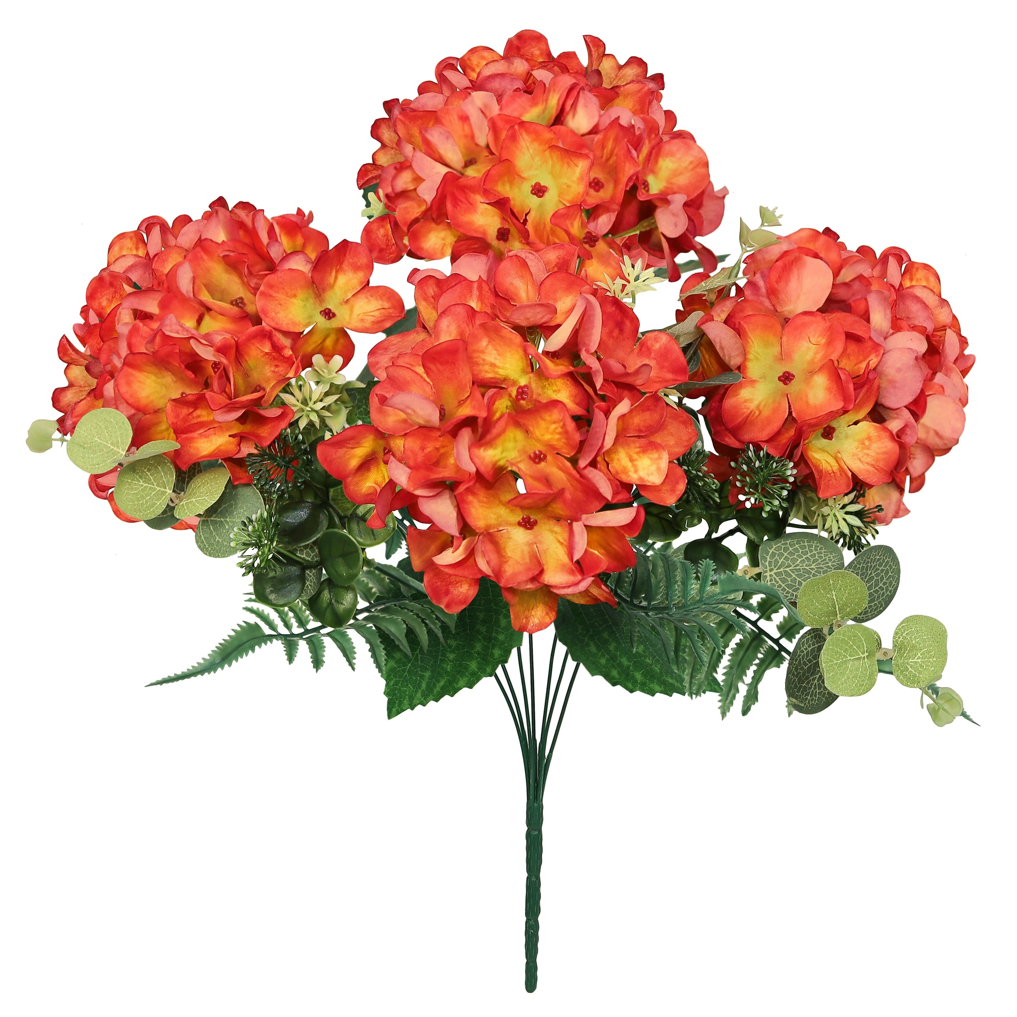 Set Of 2 Red Orange Artificial Hydrangea Flower Stem Bush Bouquet 19In 19 L X 12 W X 12 Dp