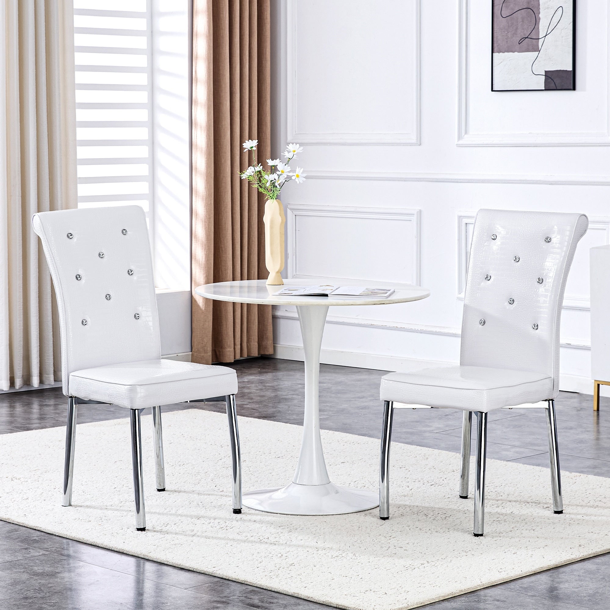 Set Of 2 Retro Alligator Skin Upholstered Dining Chairs With Crystal Buckle Design And Faux Leather Design Metal Legs