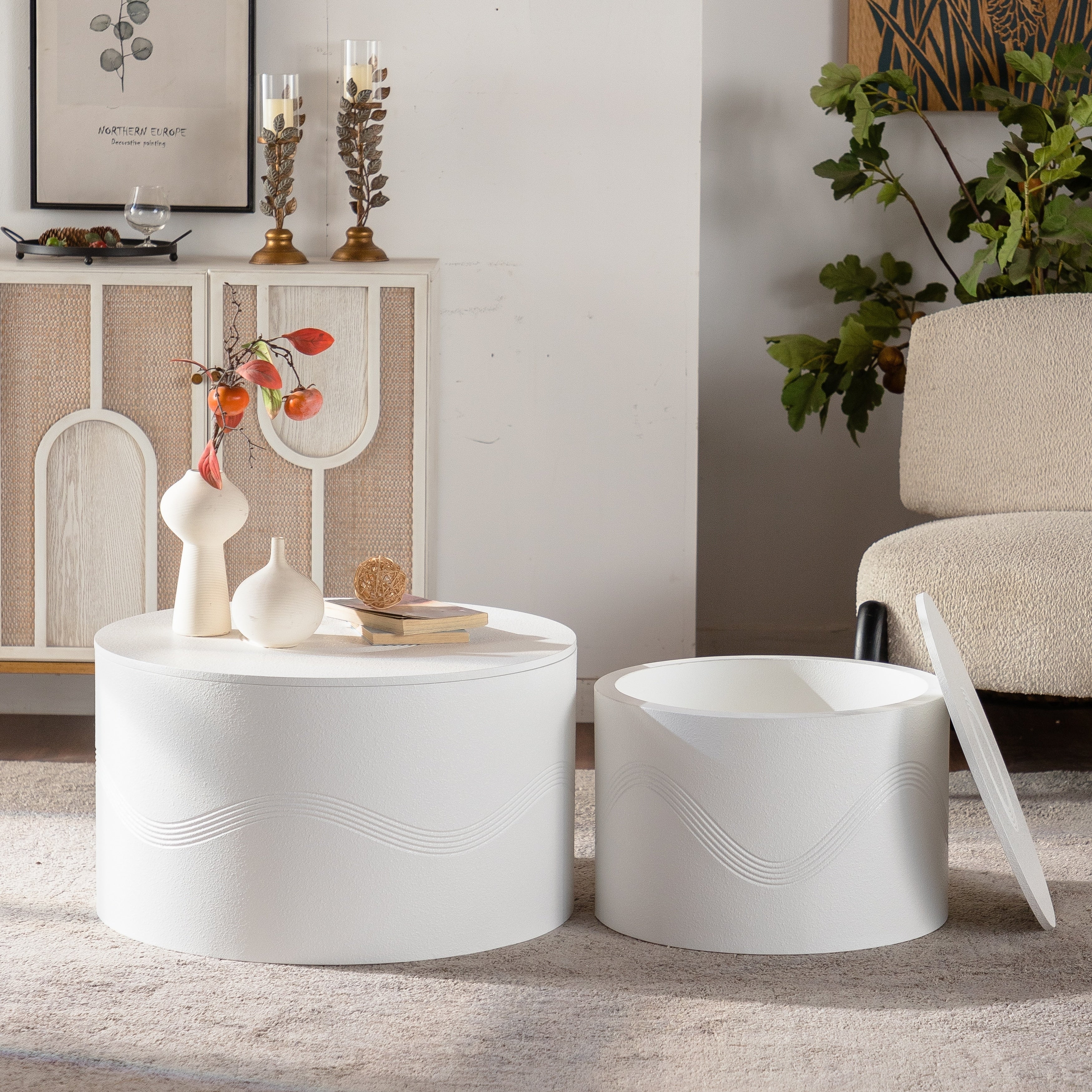 Set Of 2 Round Coffee Table With Hidden Storage Modern Wavy Mdf Painted Accent Tables 26.77 19.69 For Small Spaces