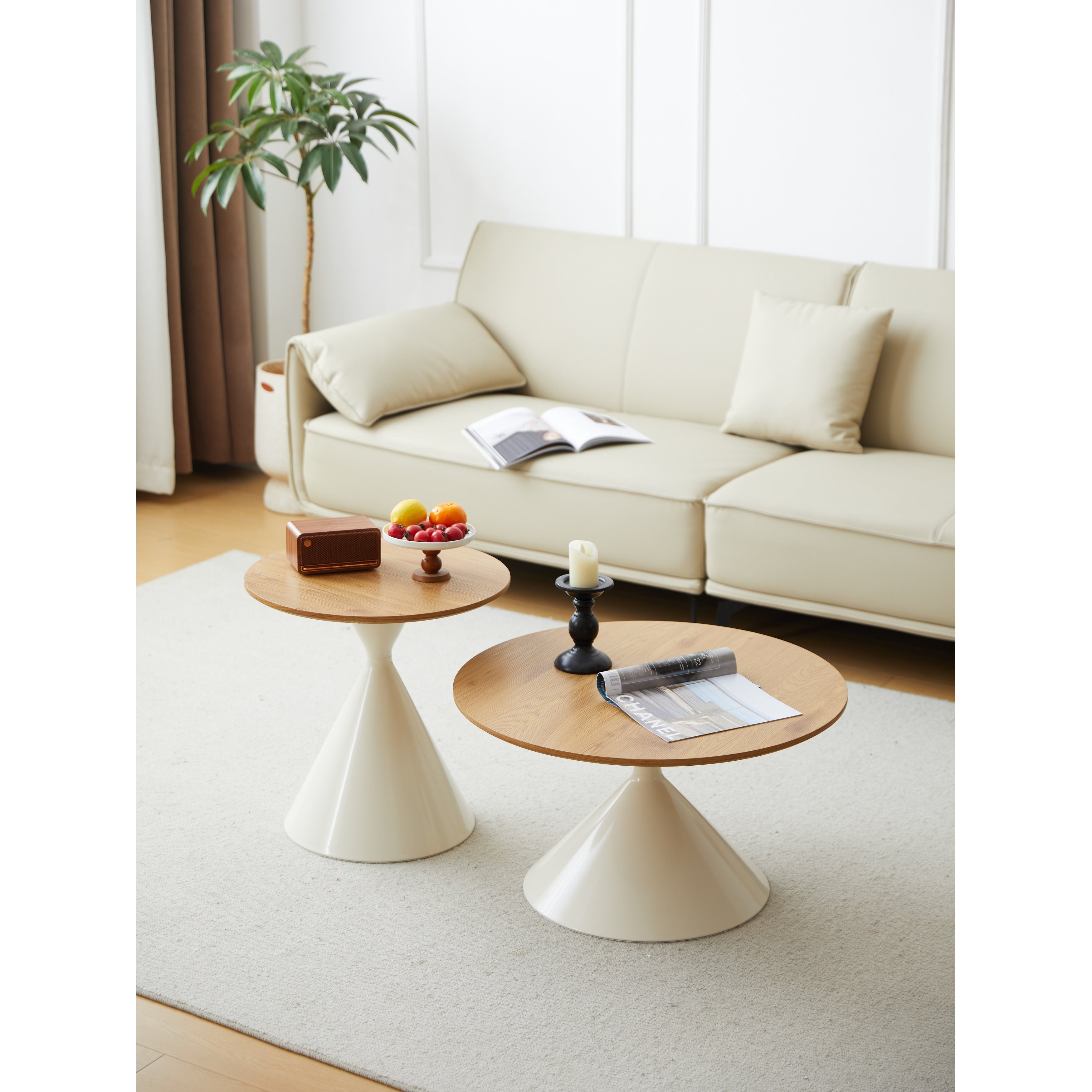 Set Of 2 Round Coffee And Side Tables Mdf Top Metal Double Cone Base
