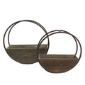 Set Of 2 Round Wood And Metal Framing Wall Hanging Planters W Hard Liners