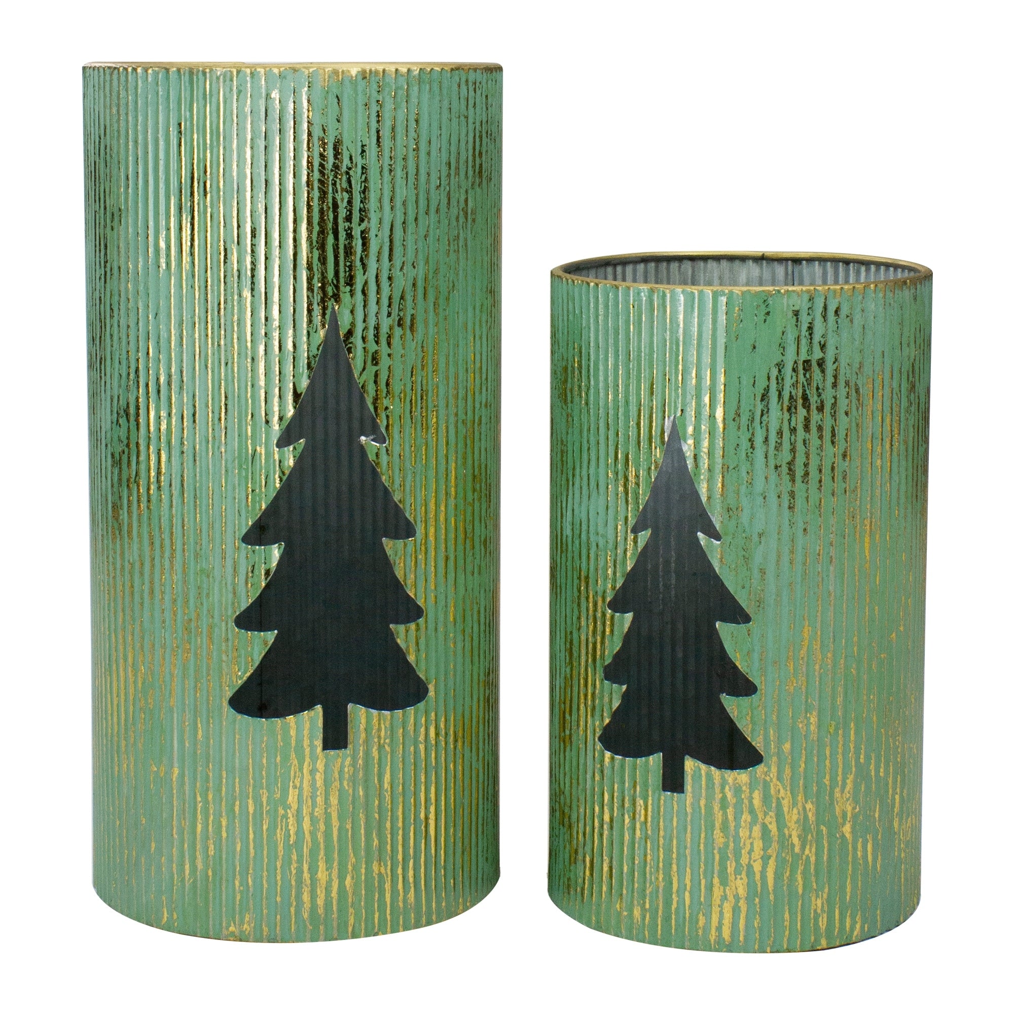 Set Of 2 Rustic Green And Gold Christmas Tree Tabletop Lanterns 12