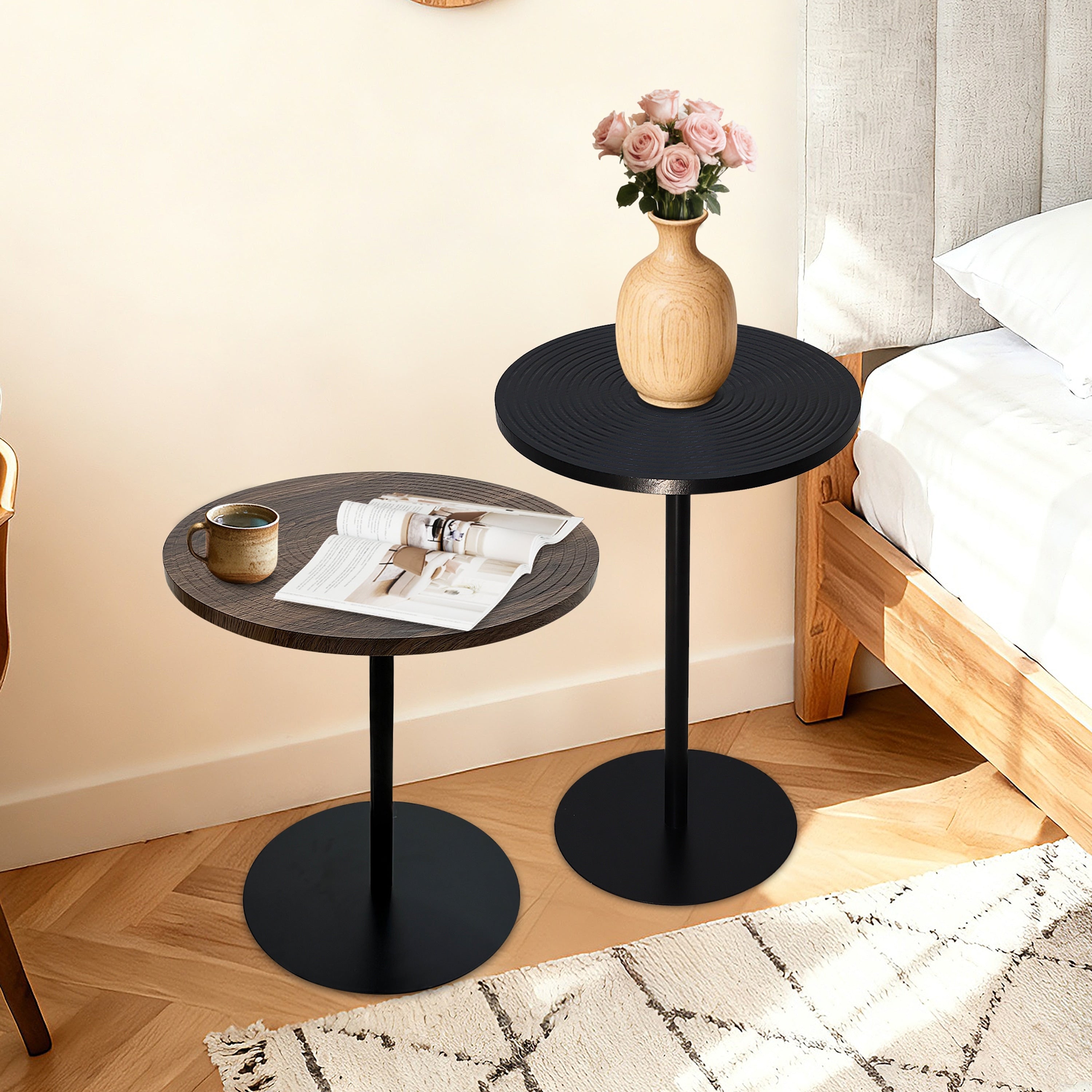 Set Of 2 Small Round Side Table Wooden Concentric Circles Coffee Table For Two Metal Pedestal Nightstand For Corner Small Space