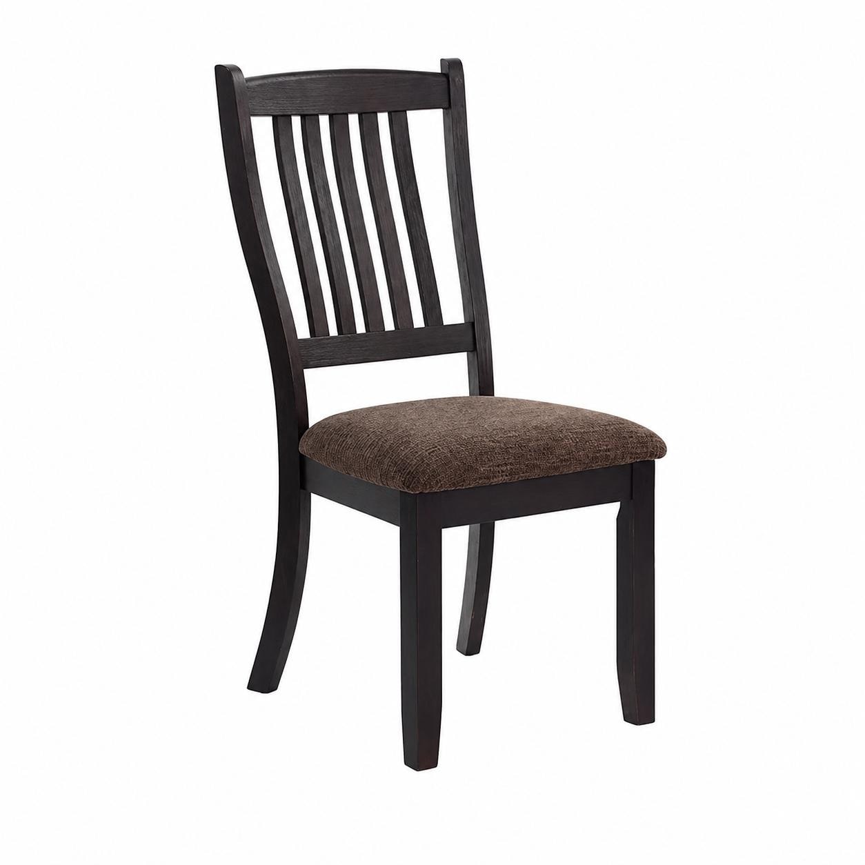 Set Of 2 Solid Wood Dining Chairs With Brown Fabric Upholstered Seat And Slat Back For Kitchen Dining Room