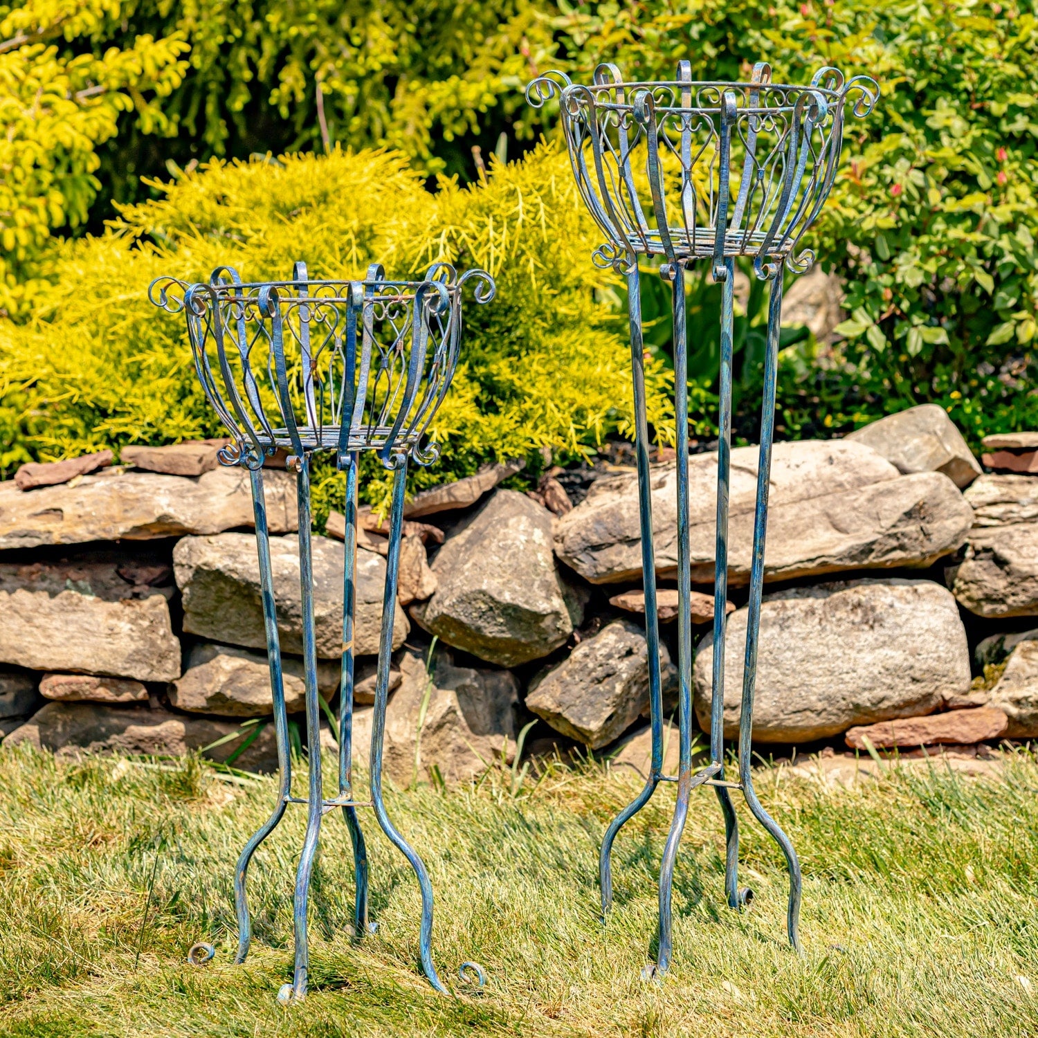 Set Of 2 Tall Iron Basket Plant Stands In Antique Blue