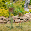 Set Of 2 Tall Iron Basket Plant Stands In Antique Green