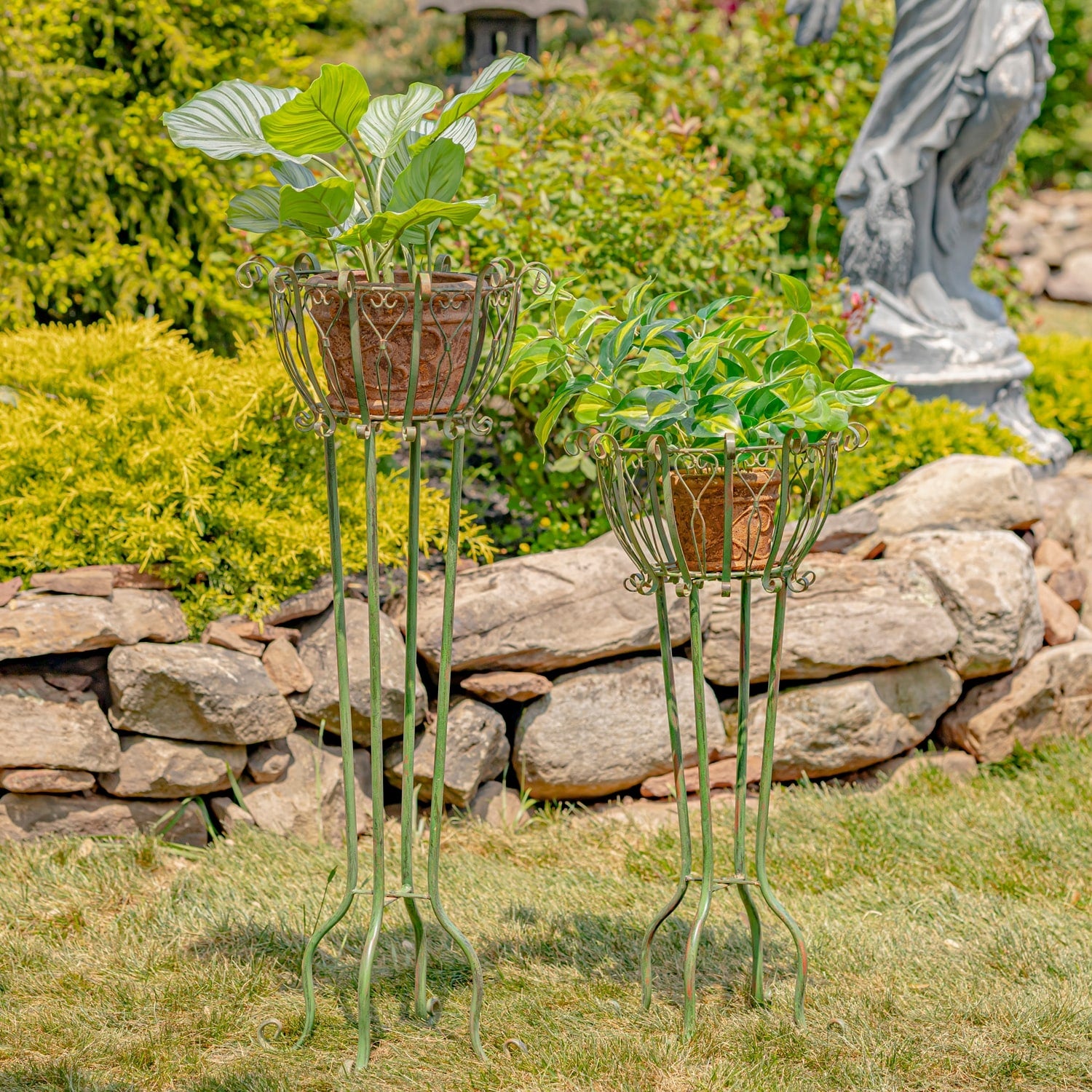 Set Of 2 Tall Iron Basket Plant Stands In Antique Green