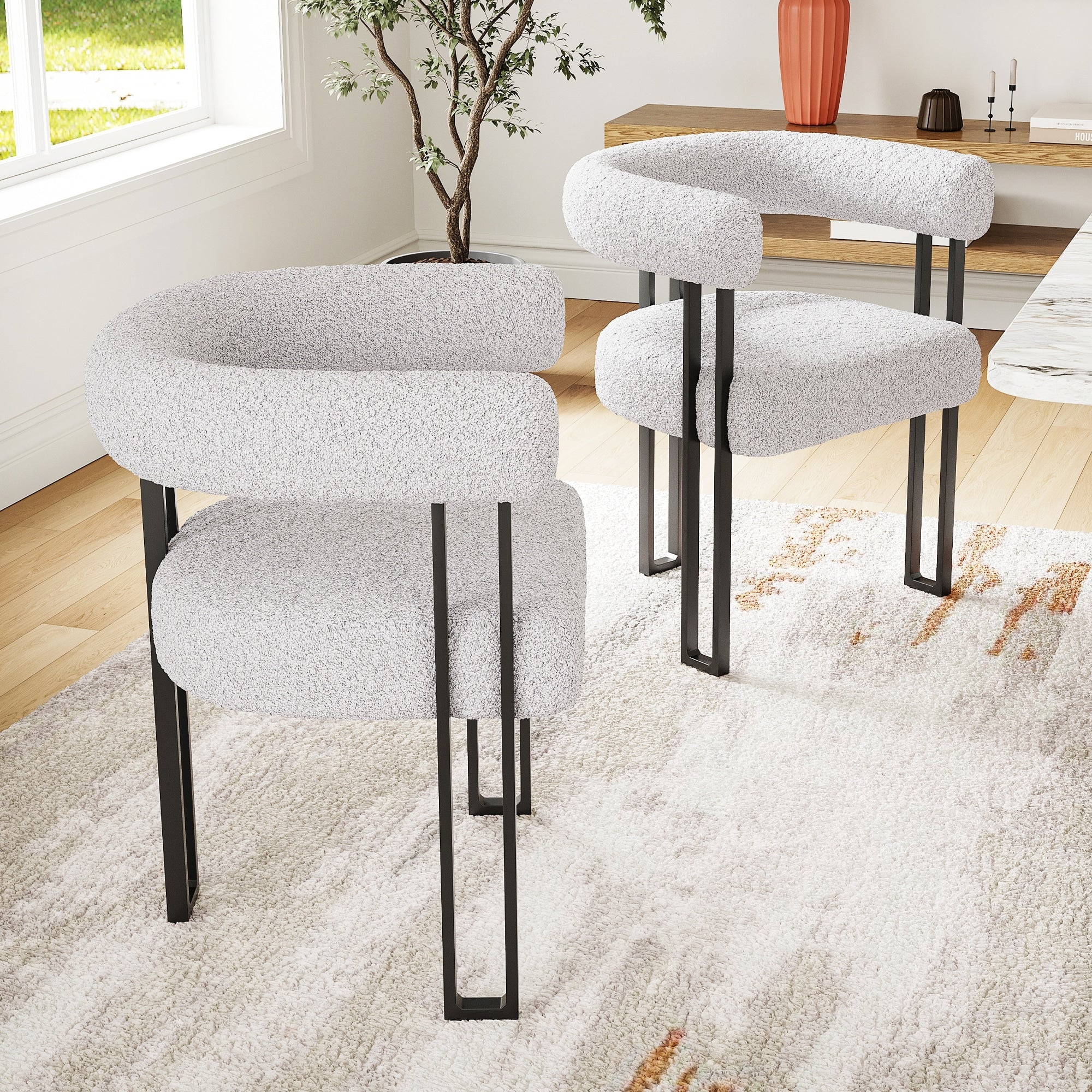 Set Of 2 Upholstered Dining Arm Chairs Boucl Fabric Accent Chairs With Metal Frame With Cushioned Seat Back