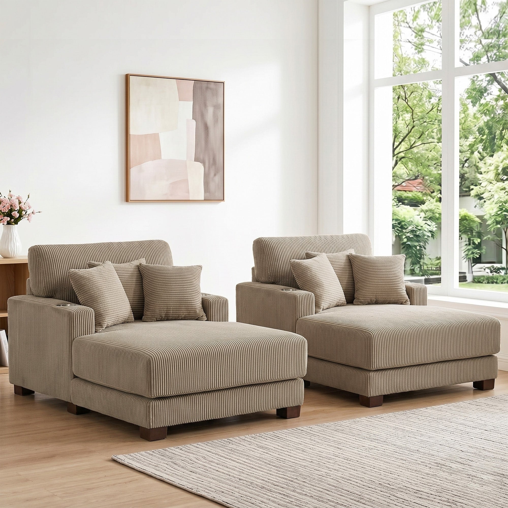 Set Of 2 Upholstered Flannel Corduroy Sofa Cup Holder Chaise With Pillows