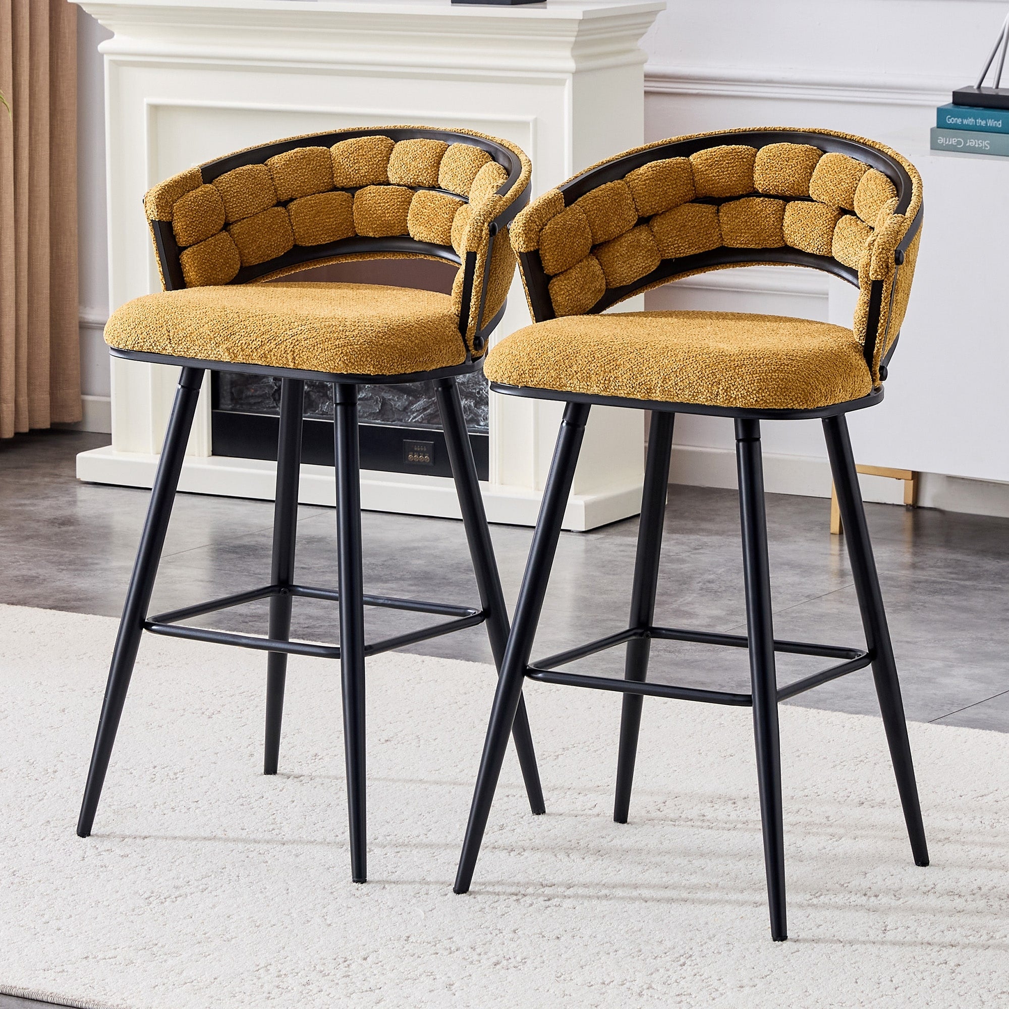 Set Of 2 Velvet Bar Stools With Black Iron Legs Modern Counter Height Stools For Home Bar