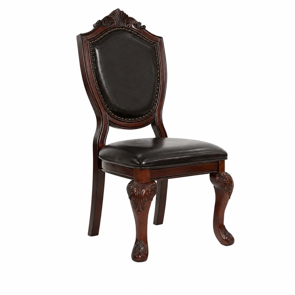 Set Of 2 Vintage Carved Dining Chairs Upholstered Leather Back Rubber Wood Classic Elegant Kitchen Chairs