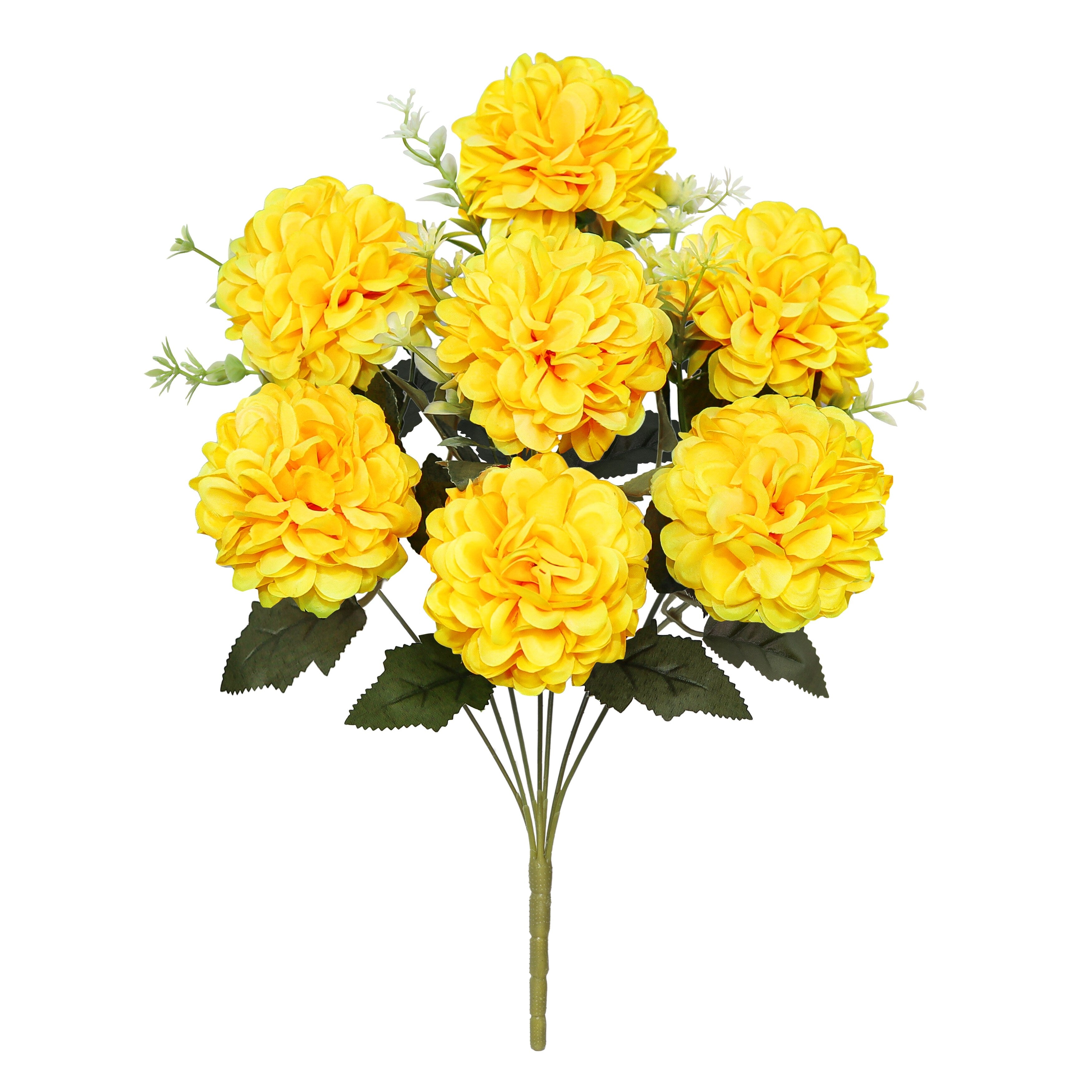 Set Of 2 Yellow Artificial Ball Mum Pom Pom Flower Stem Bush Bouquet 16In 16 L X 9 W X 9 Dp