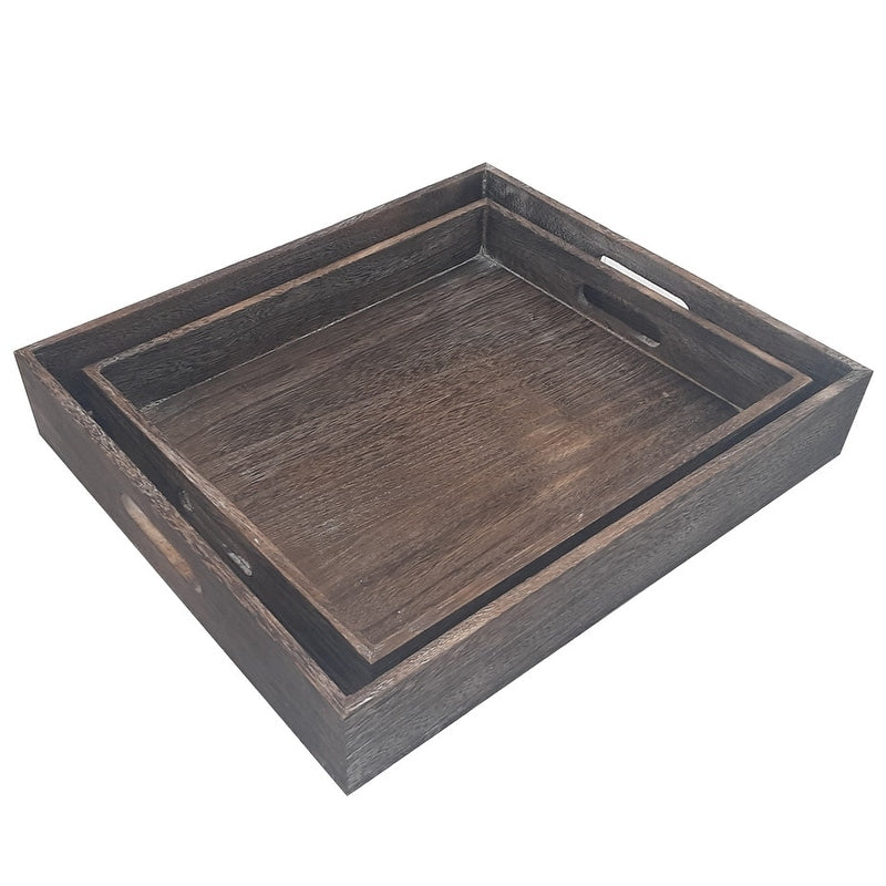 Set Of 2 Decorative Wooden Serving Tray Square Brown With Handles Tea Or Coffee